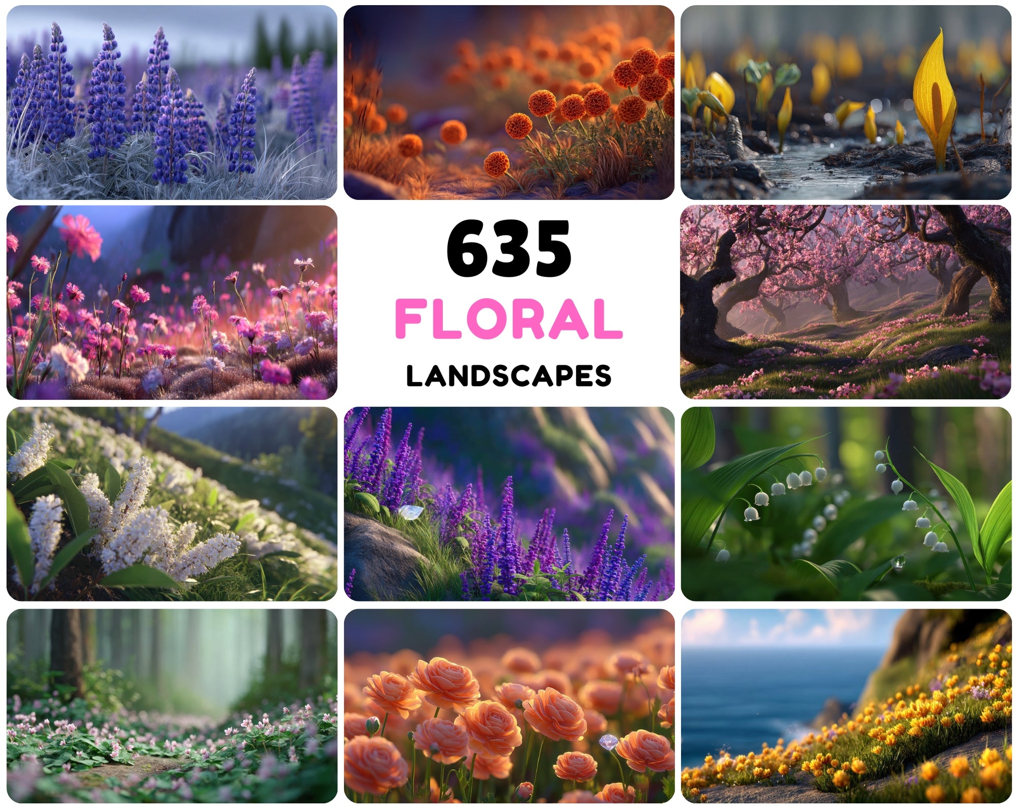 635 Enchanted Floral Landscapes JPG Bundle, Cinematic Wildflower Fields