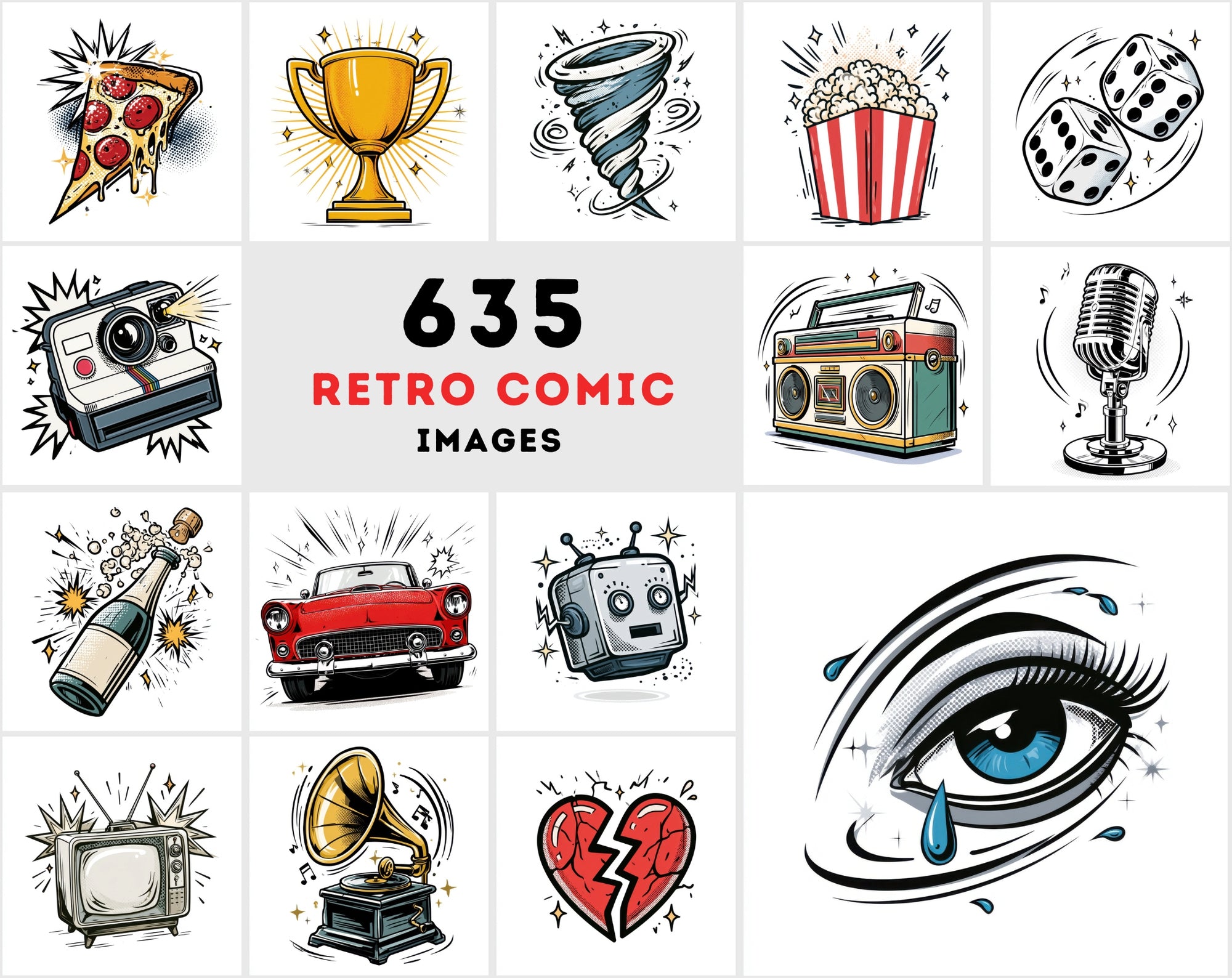 635 Retro Comic Clipart Bundle | Pop Art Comic Illustrations, 4000x4000 JPG, Commercial Use Digital Images