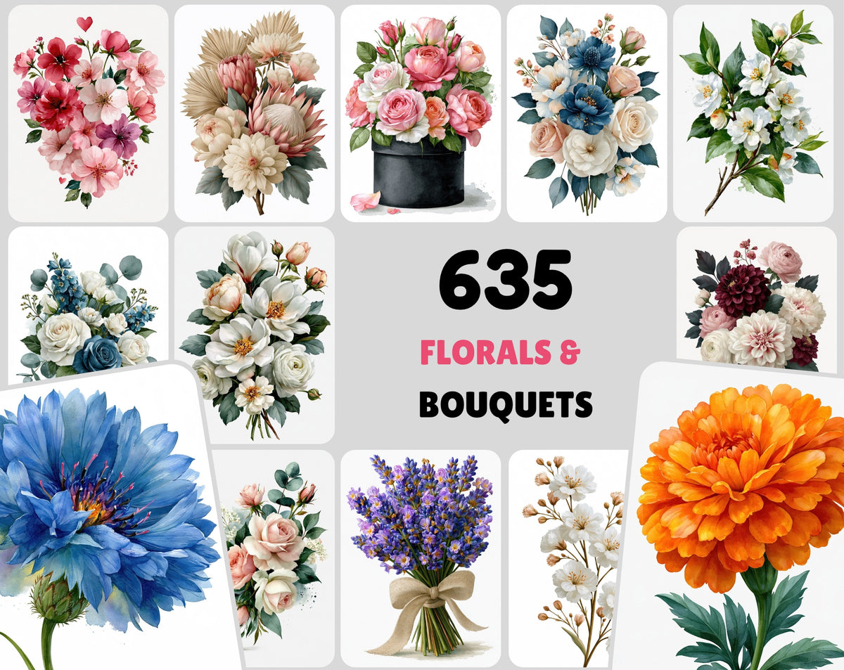 635 Watercolor Flowers Clipart Bundle – Wedding Florals, Bouquets, Wreaths & Greenery PNG-Ready JPG, Commercial Use