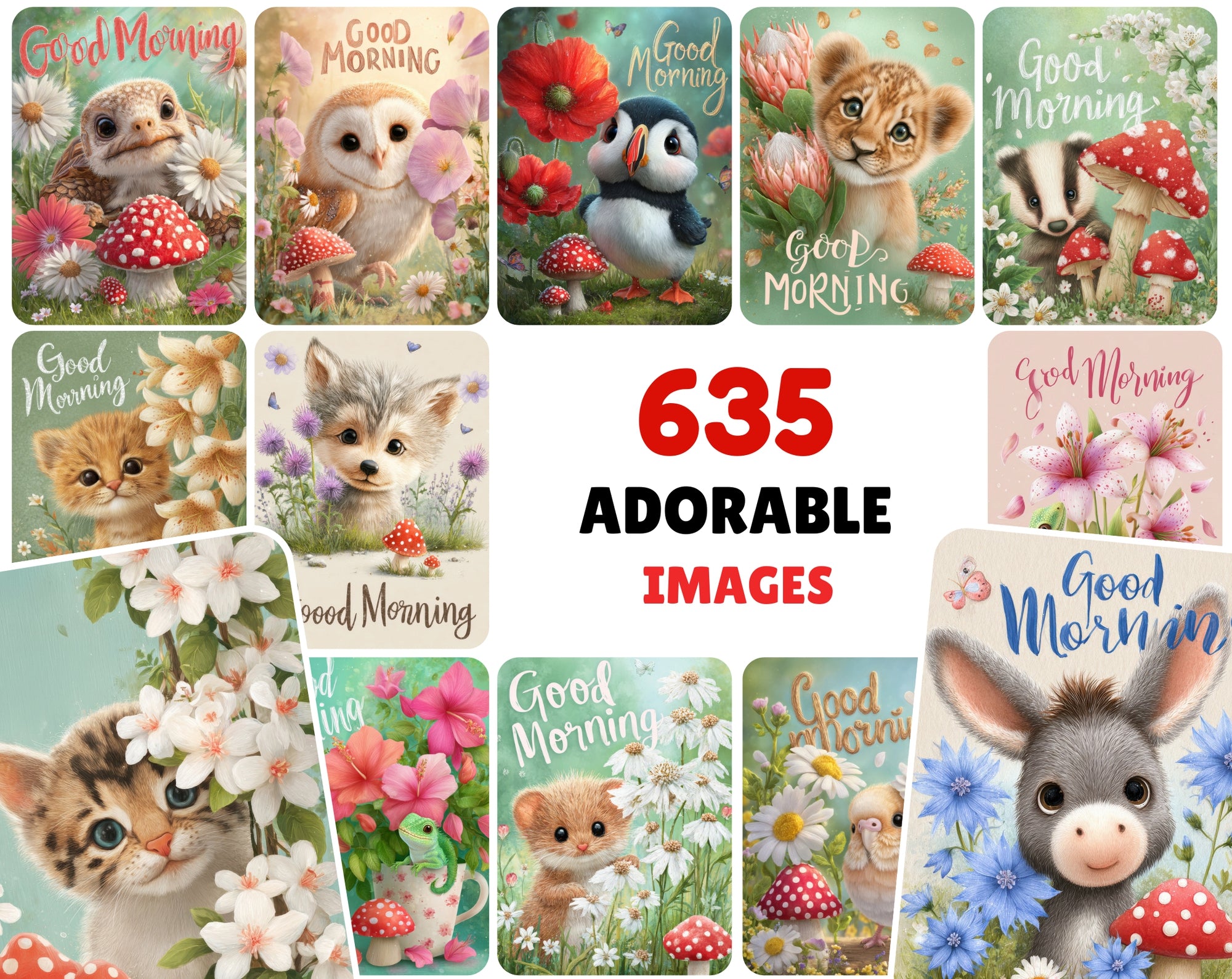 635 Whimsical Animal & Flower Images, High-Res Digital Download