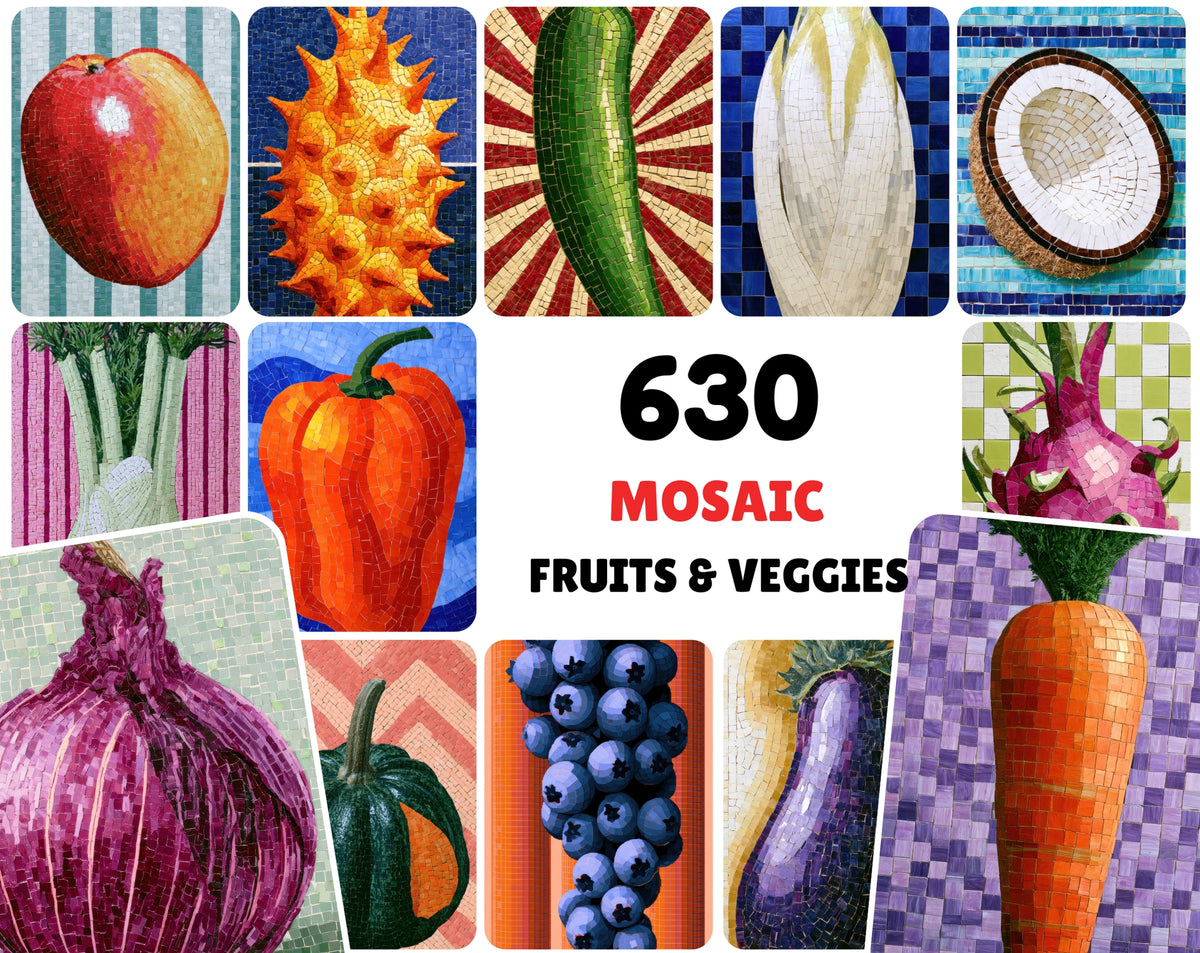 636 Mosaic Fruit & Vegetable Clipart Bundle | Mosaic Art Wall Prints, Kitchen Decor JPG