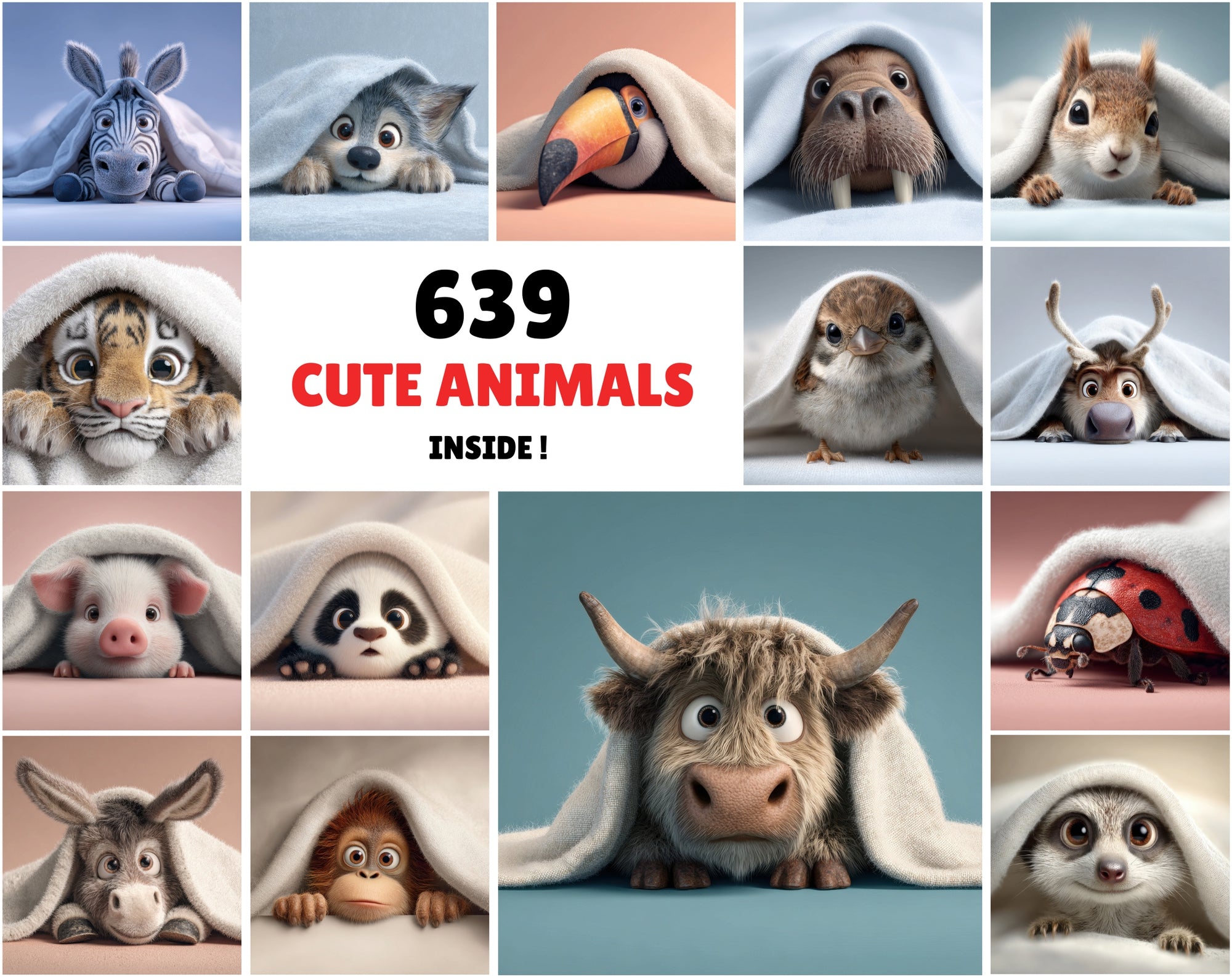 639 Cute Animals Hiding Under Blankets | Adorable 3D Pet Clipart Bundle