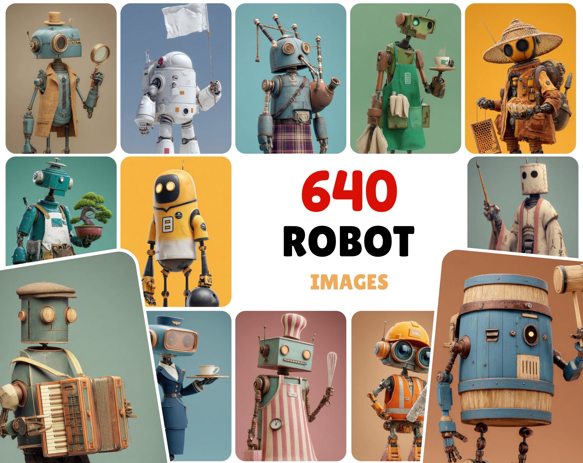640 Cute Robot Character Images Bundle | Whimsical Job Robots for Kids, Posters & Clipart