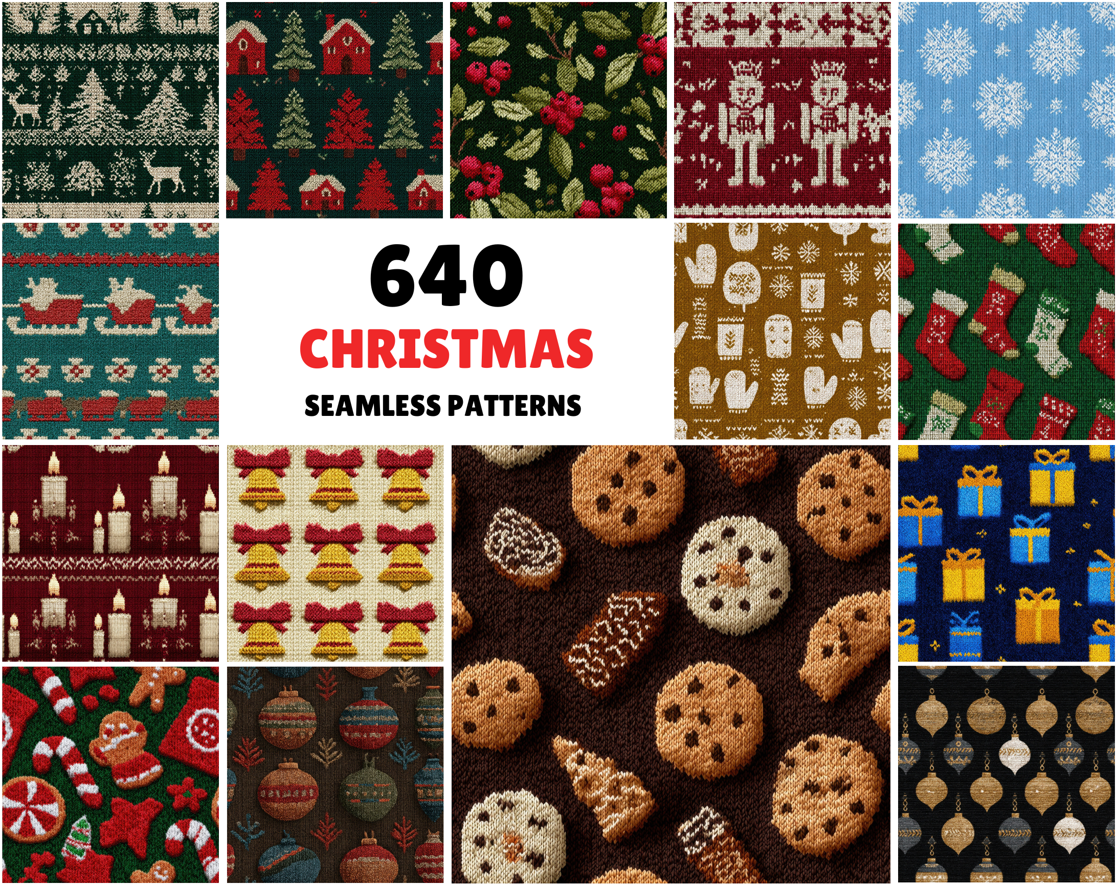 640 Seamless Christmas Knit Patterns, JPG + PAT, Holiday Sweater Textures with Commercial License