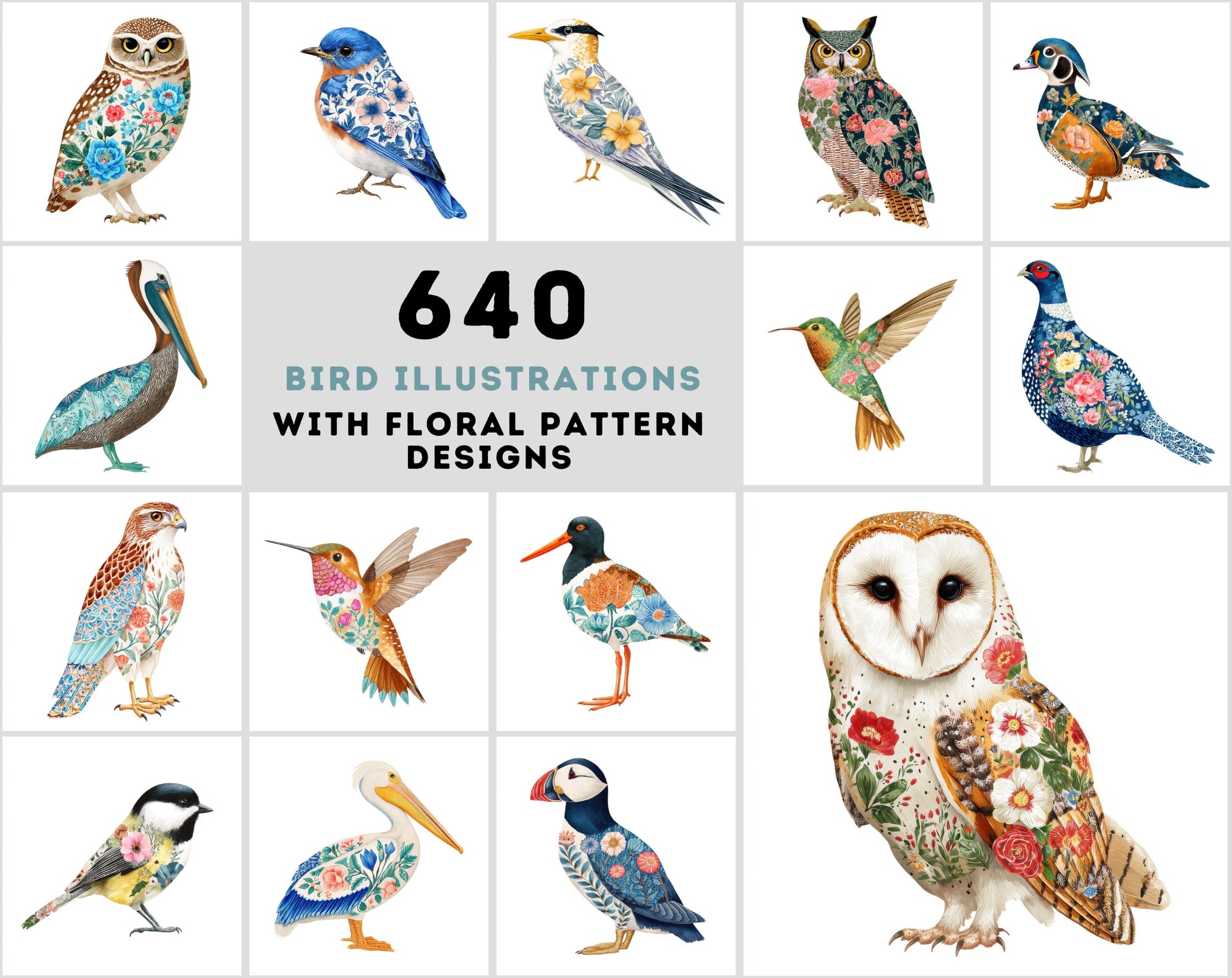 640 Watercolor Birds with Floral Patterns