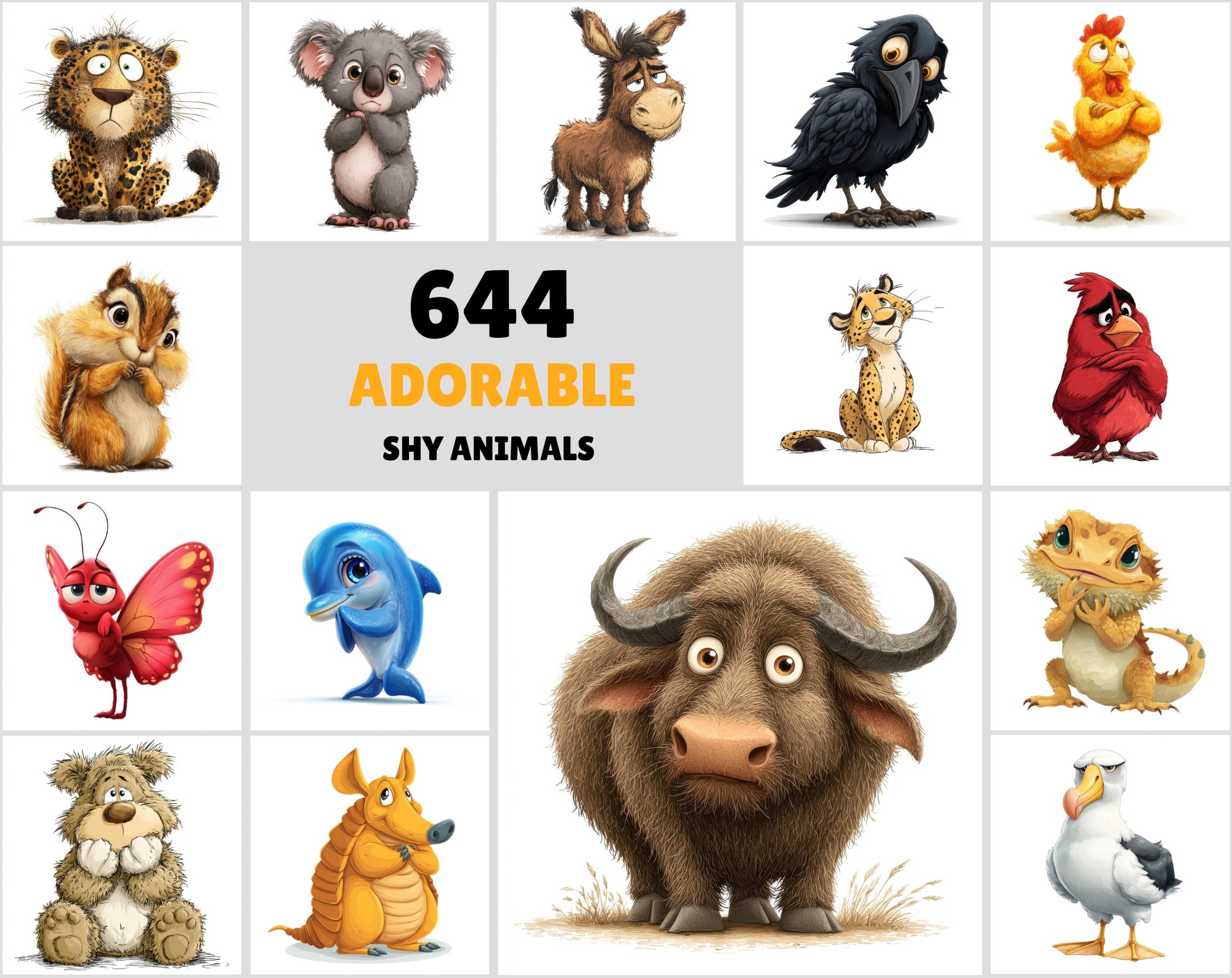 644 Shy Animal Cartoon Illustrations | White Background