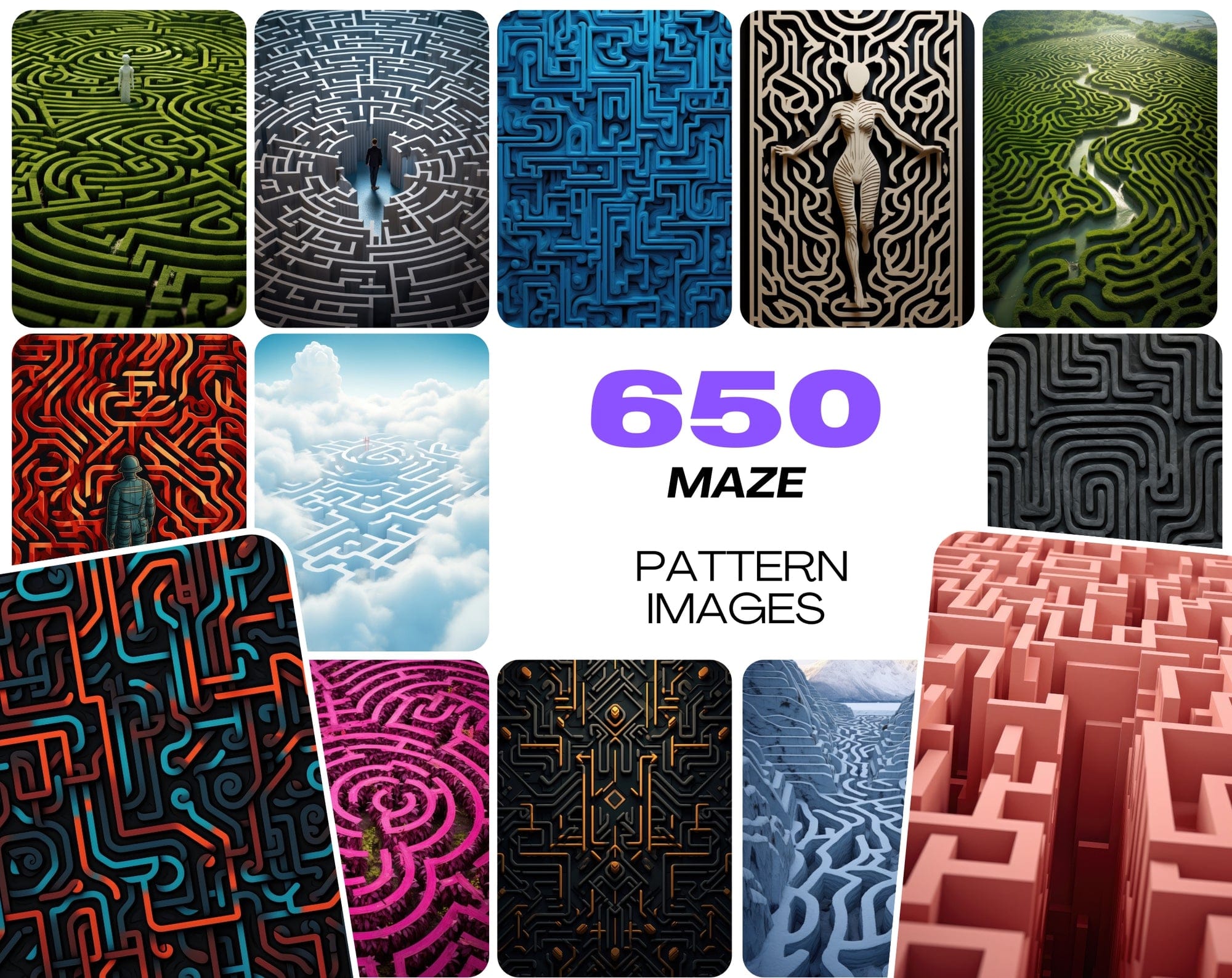 650 Colorful Maze Patterns, High-Resolution JPGs with Commercial License Digital Download Sumobundle