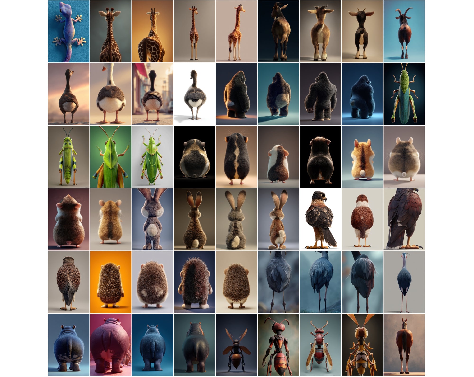 1080 Funny Animal Backs – Unique Rear View Animal Illustrations JPG Bundle