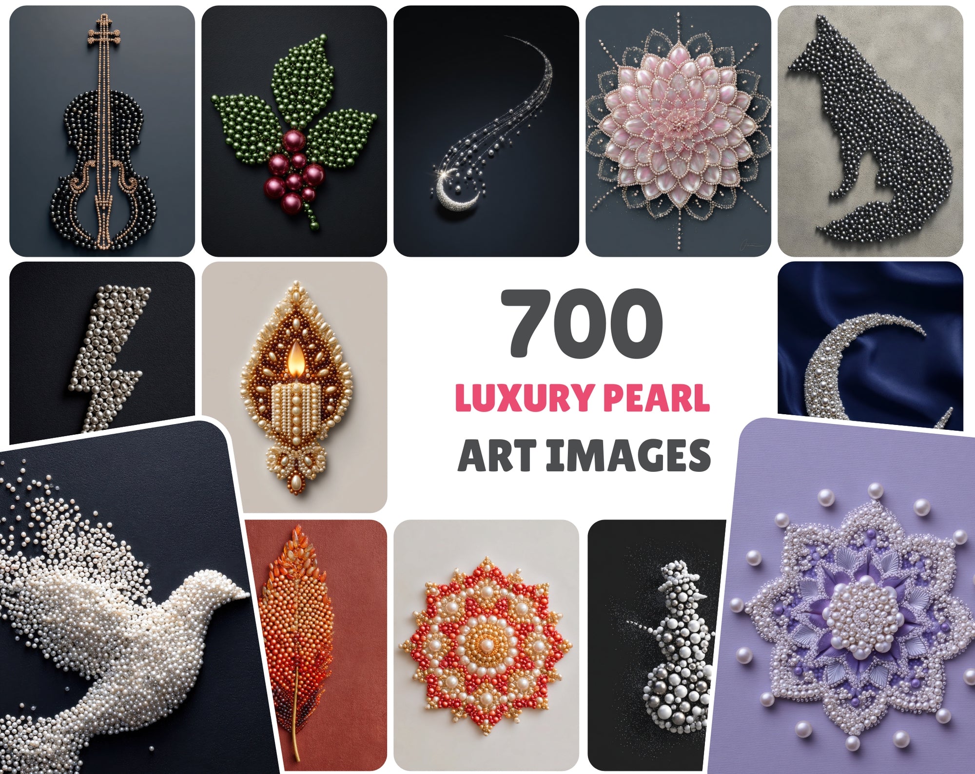 700 Pearl Art Images Bundle, Luxury Flatlay Mandala & Animal Silhouettes