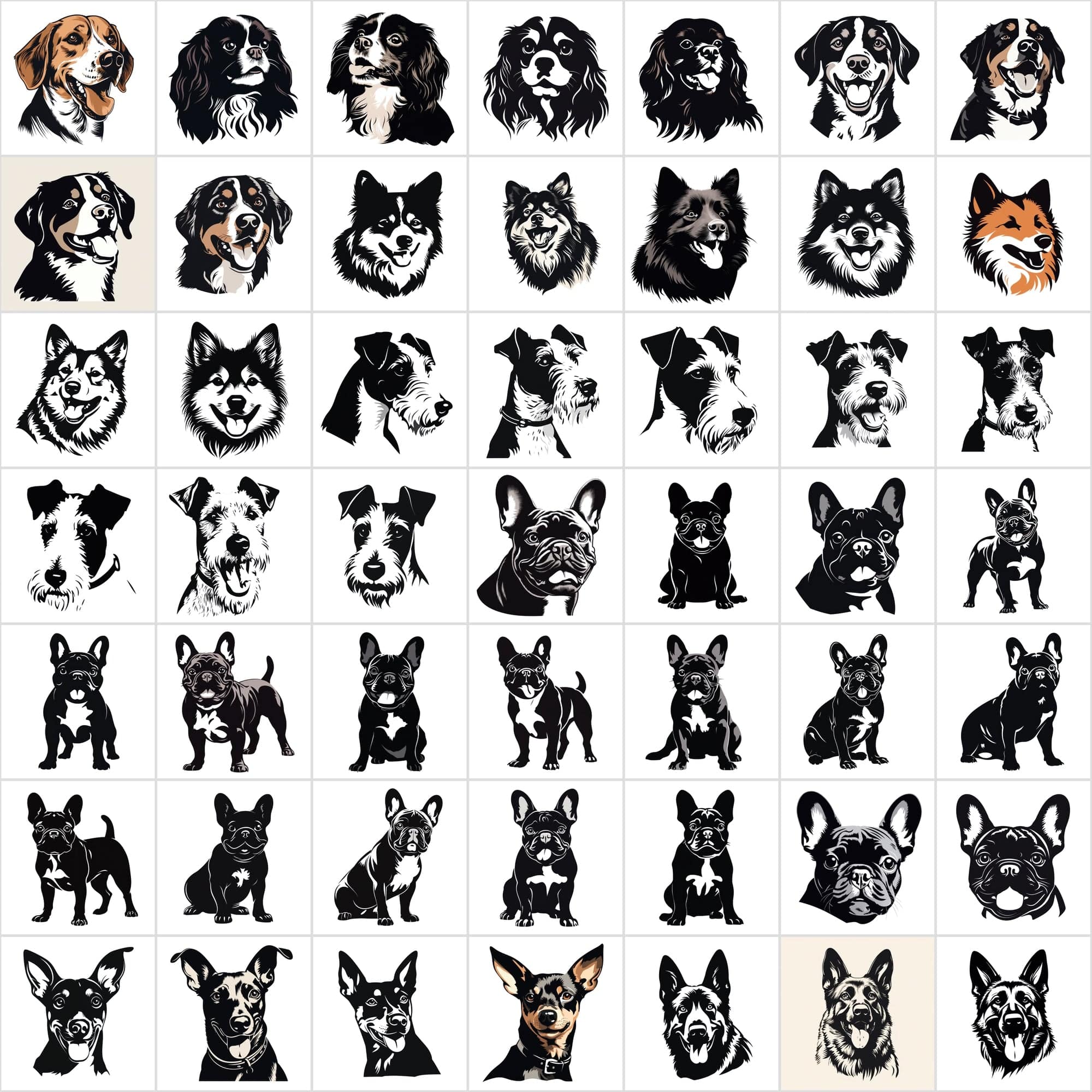 730 Premium Dog PNG Collection for Print-On-Demand, High-Quality Black & White Dog Images Digital Download Sumobundle
