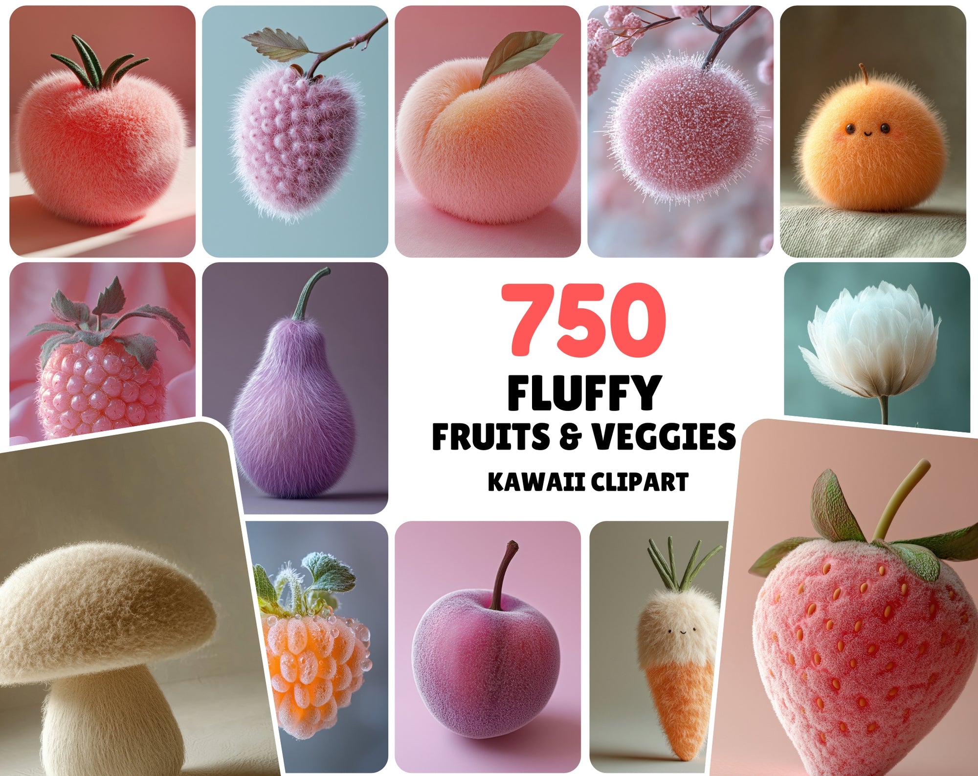 750 Fluffy Fruits & Vegetables Digital Images | Kawaii Food Clipart