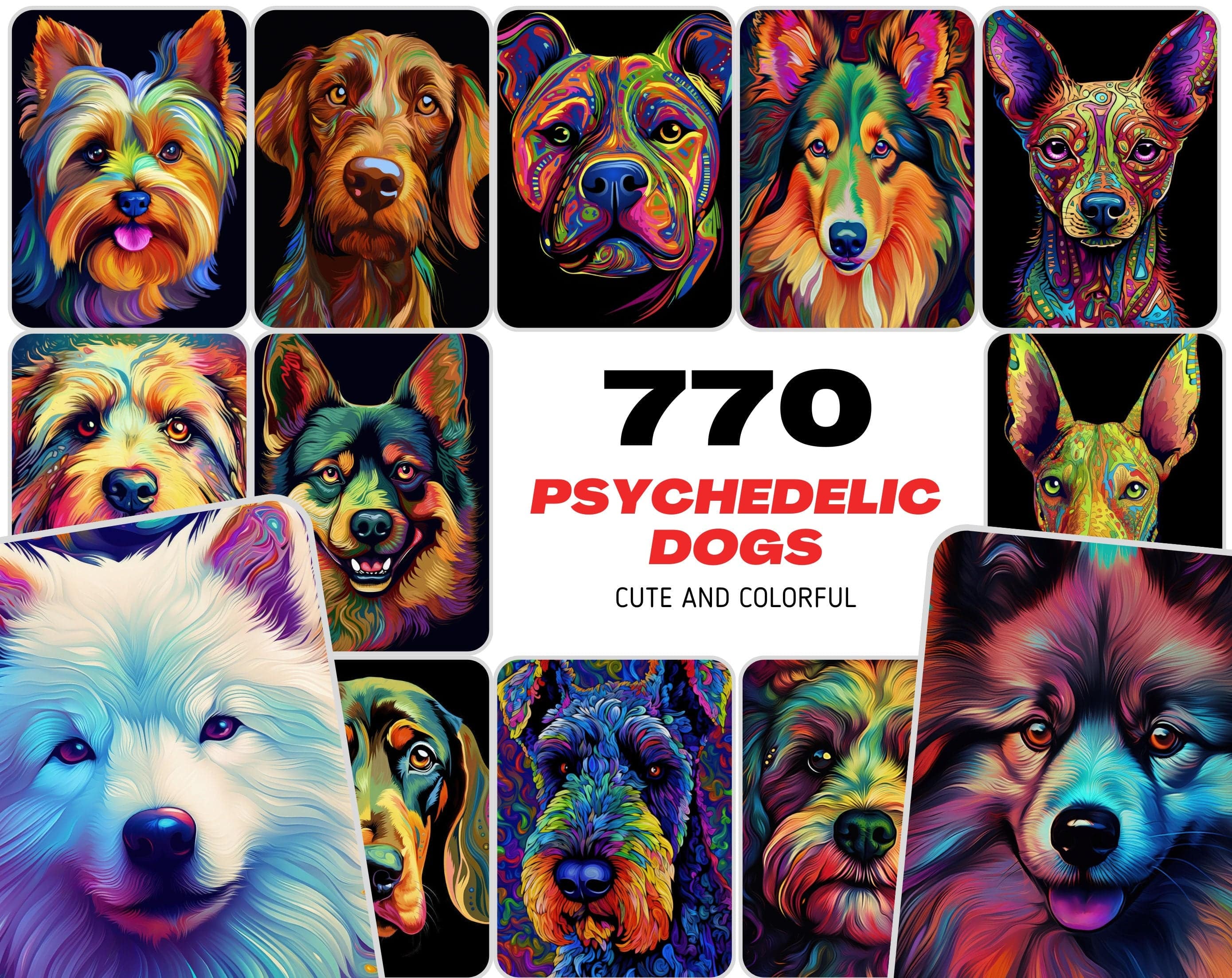 770 Psychedelic Dog Breed Images, Colorful Dog Illustrations, Commercial License Included Digital Download Sumobundle