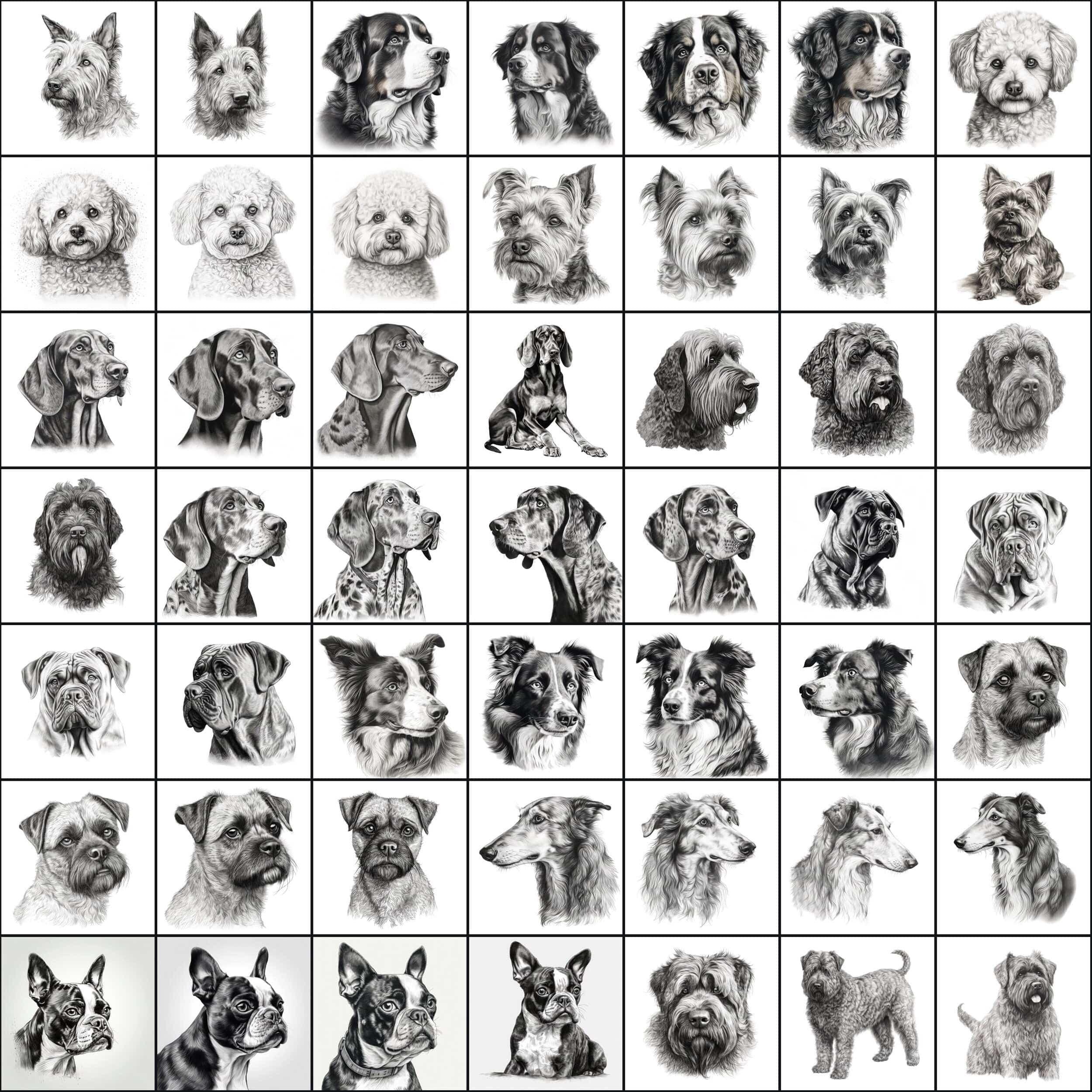 770 Sketch Dog Breed PNGs, Black & White Dog Images, High-Resolution Commercial Use Graphics Digital Download Sumobundle