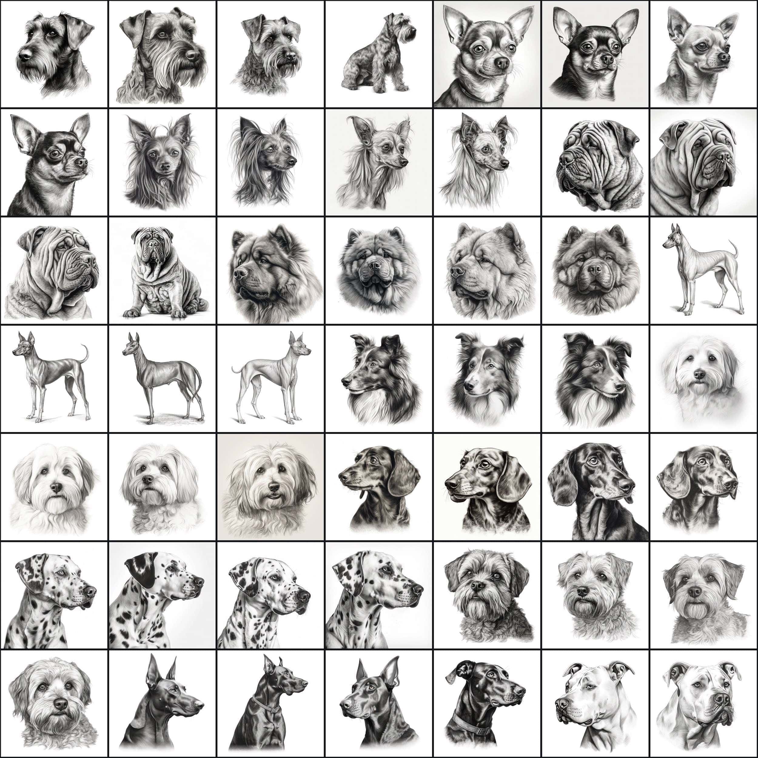 770 Sketch Dog Breed PNGs, Black & White Dog Images, High-Resolution Commercial Use Graphics Digital Download Sumobundle