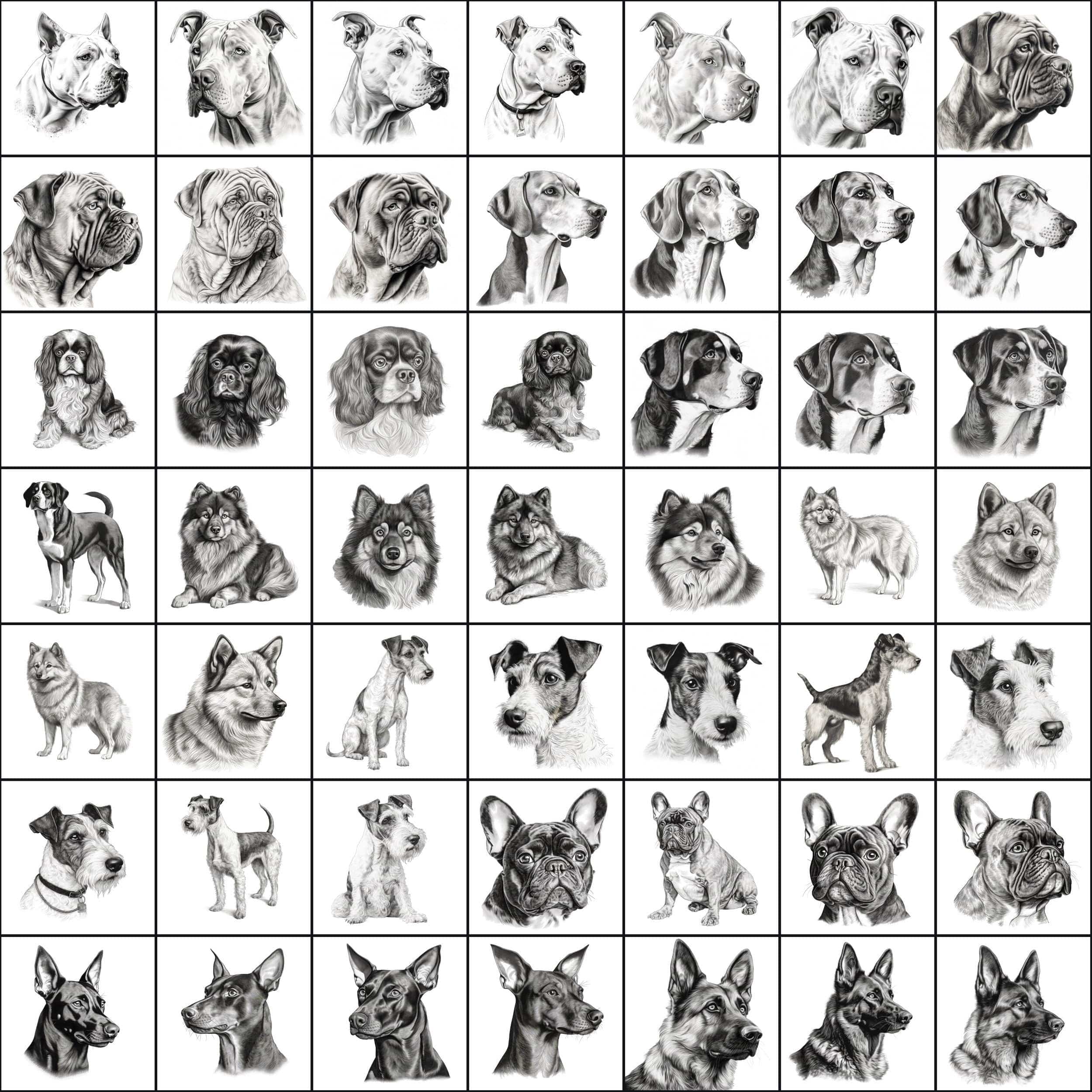 770 Sketch Dog Breed PNGs, Black & White Dog Images, High-Resolution Commercial Use Graphics Digital Download Sumobundle