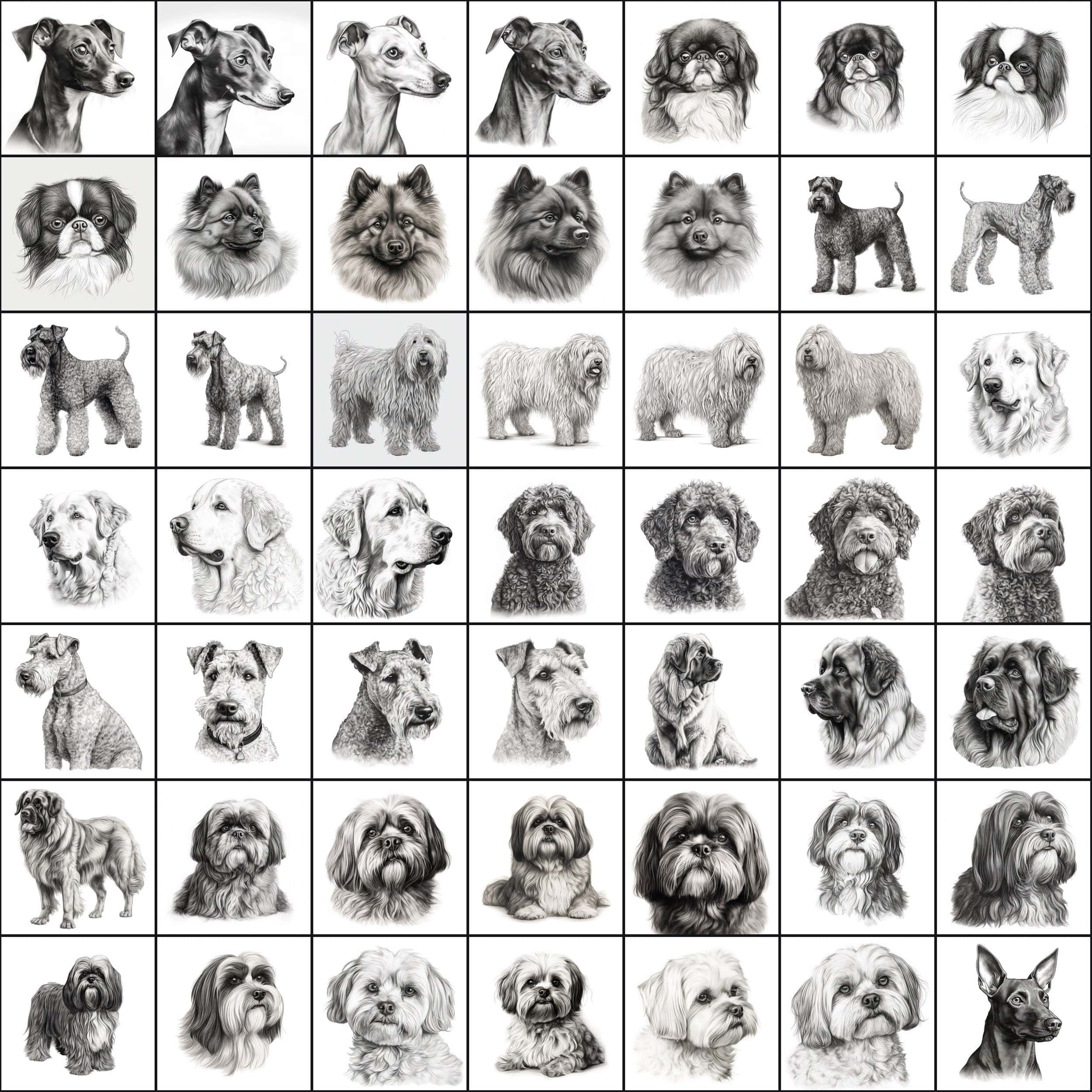 770 Sketch Dog Breed PNGs, Black & White Dog Images, High-Resolution Commercial Use Graphics Digital Download Sumobundle