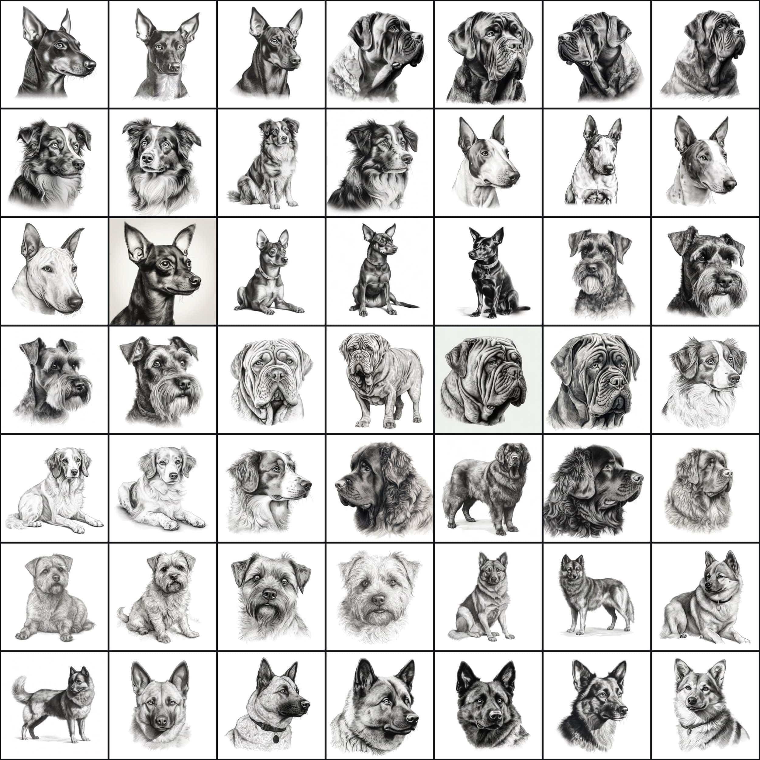 770 Sketch Dog Breed PNGs, Black & White Dog Images, High-Resolution Commercial Use Graphics Digital Download Sumobundle