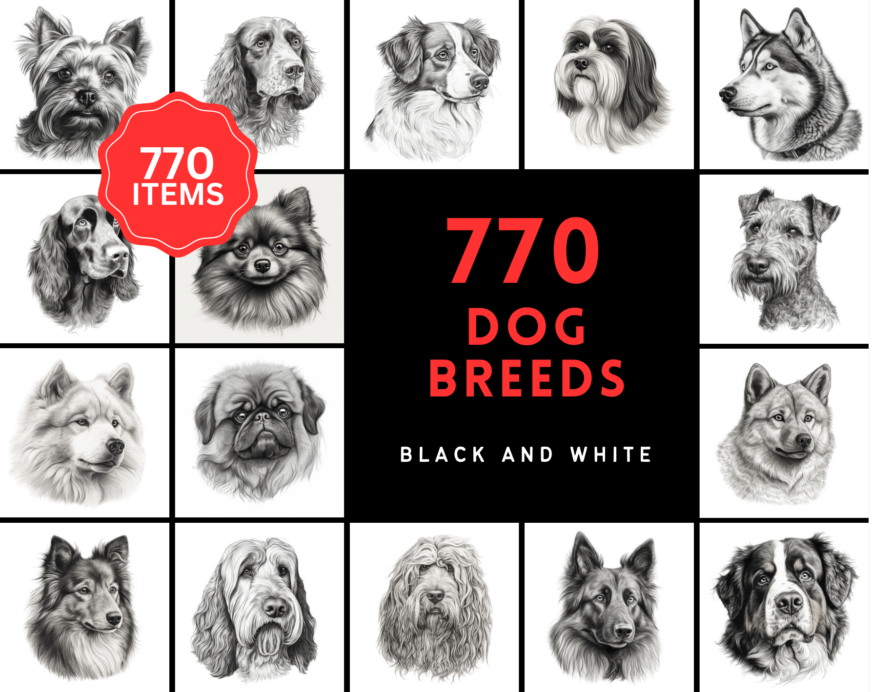 770 Sketch Dog Breed PNGs, Black & White Dog Images, High-Resolution Commercial Use Graphics Digital Download Sumobundle