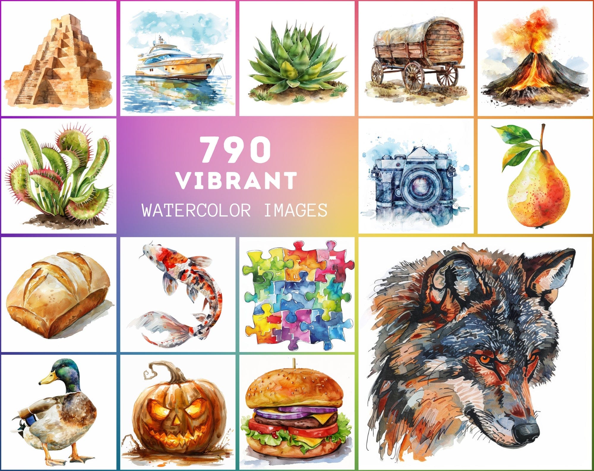 790 Colorful Digital Art Pieces - High-Resolution Watercolor Images Digital Download Sumobundle