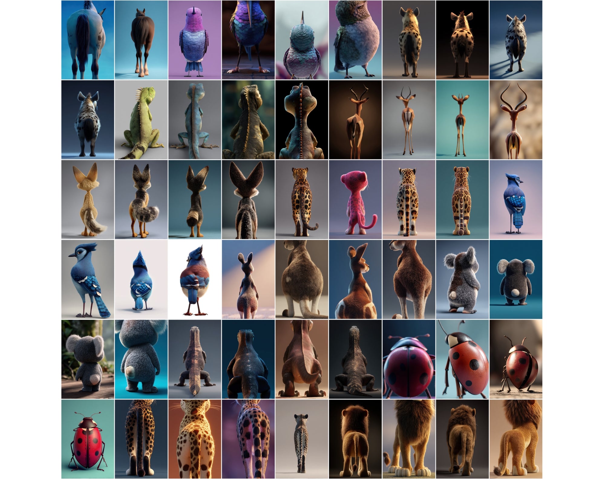 1080 Funny Animal Backs – Unique Rear View Animal Illustrations JPG Bundle