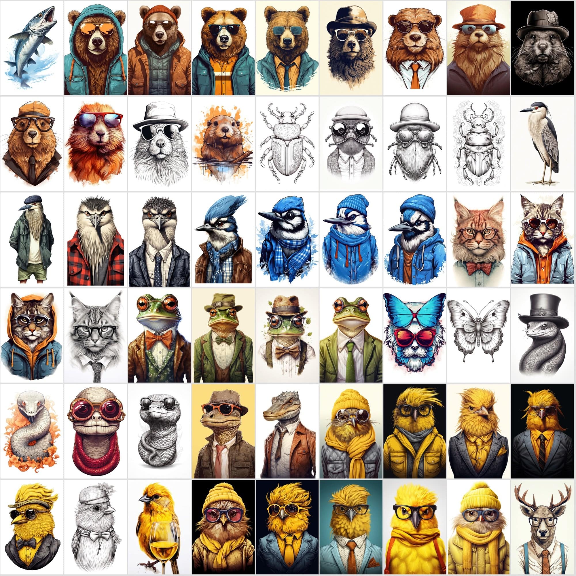 800 Hipster Animal Illustrations: Commercial License, High-Res PNG Files, Stylish Wildlife Portraits Digital Download Sumobundle
