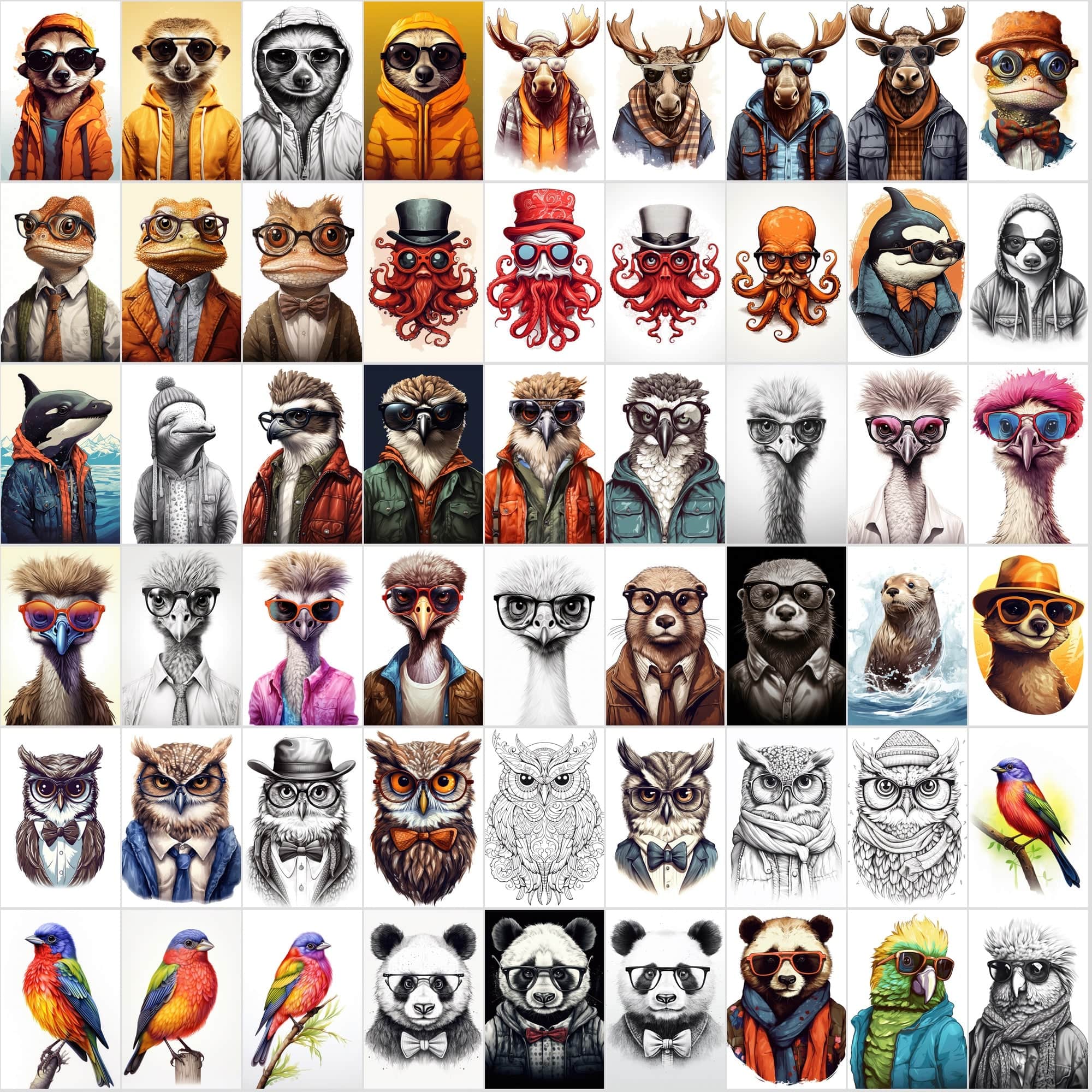 800 Hipster Animal Illustrations: Commercial License, High-Res PNG Files, Stylish Wildlife Portraits Digital Download Sumobundle