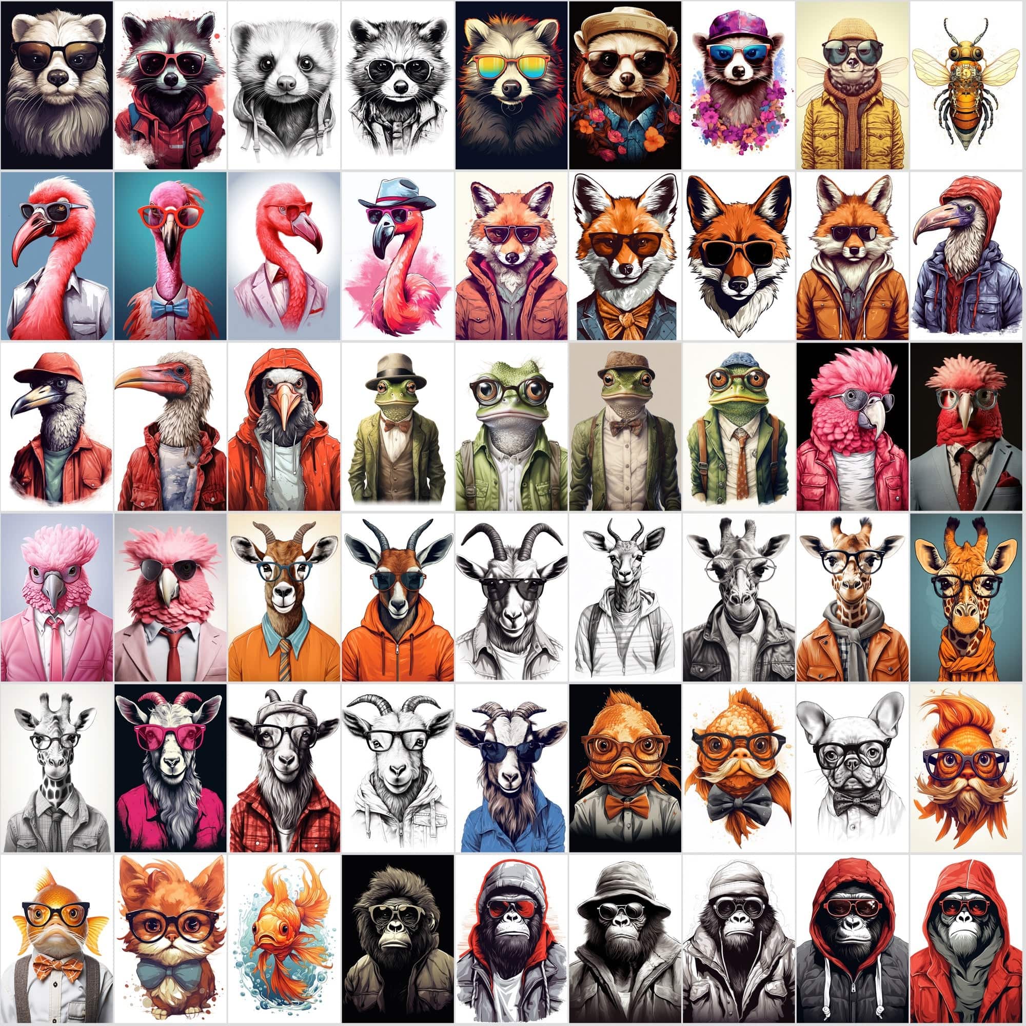 800 Hipster Animal Illustrations: Commercial License, High-Res PNG Files, Stylish Wildlife Portraits Digital Download Sumobundle