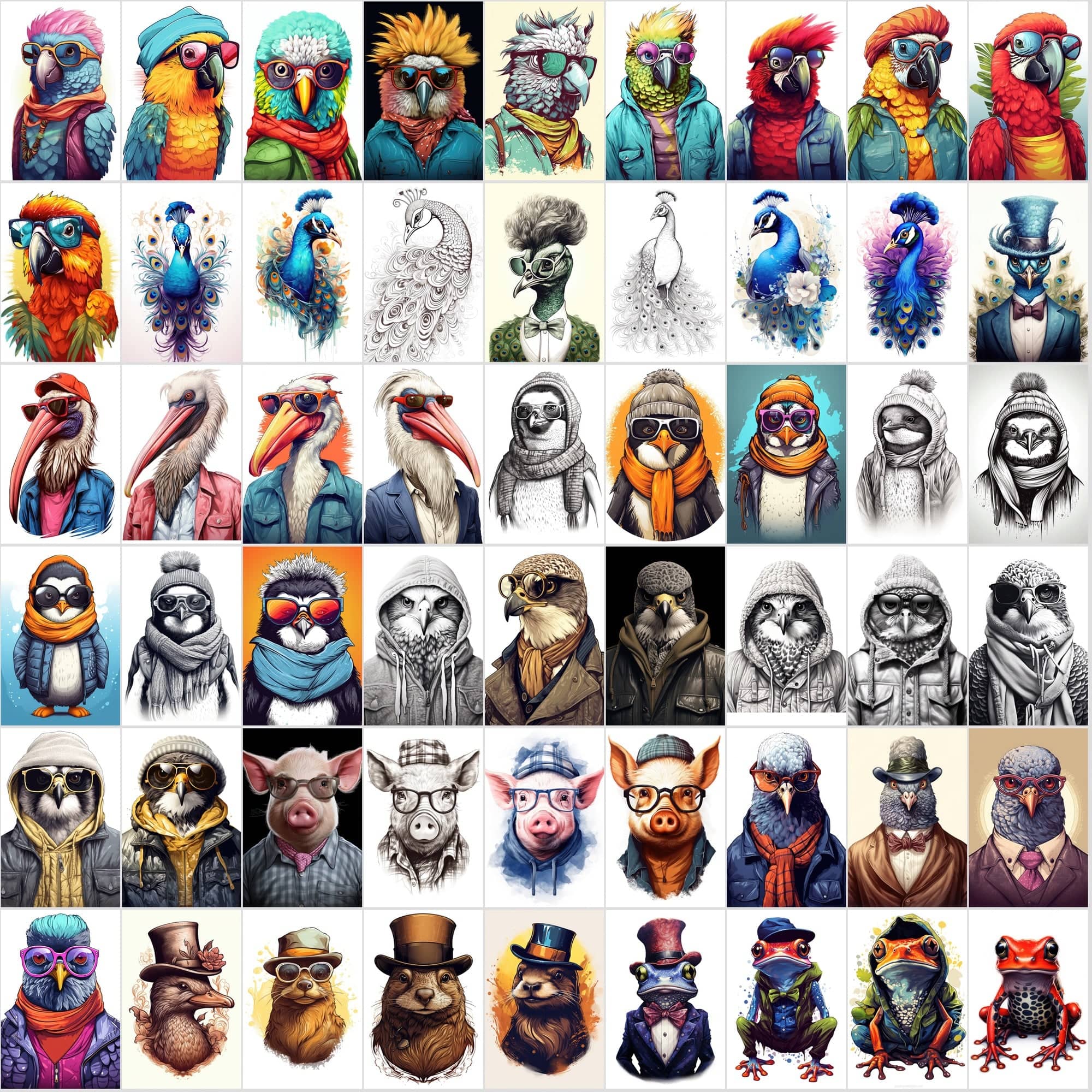 800 Hipster Animal Illustrations: Commercial License, High-Res PNG Files, Stylish Wildlife Portraits Digital Download Sumobundle