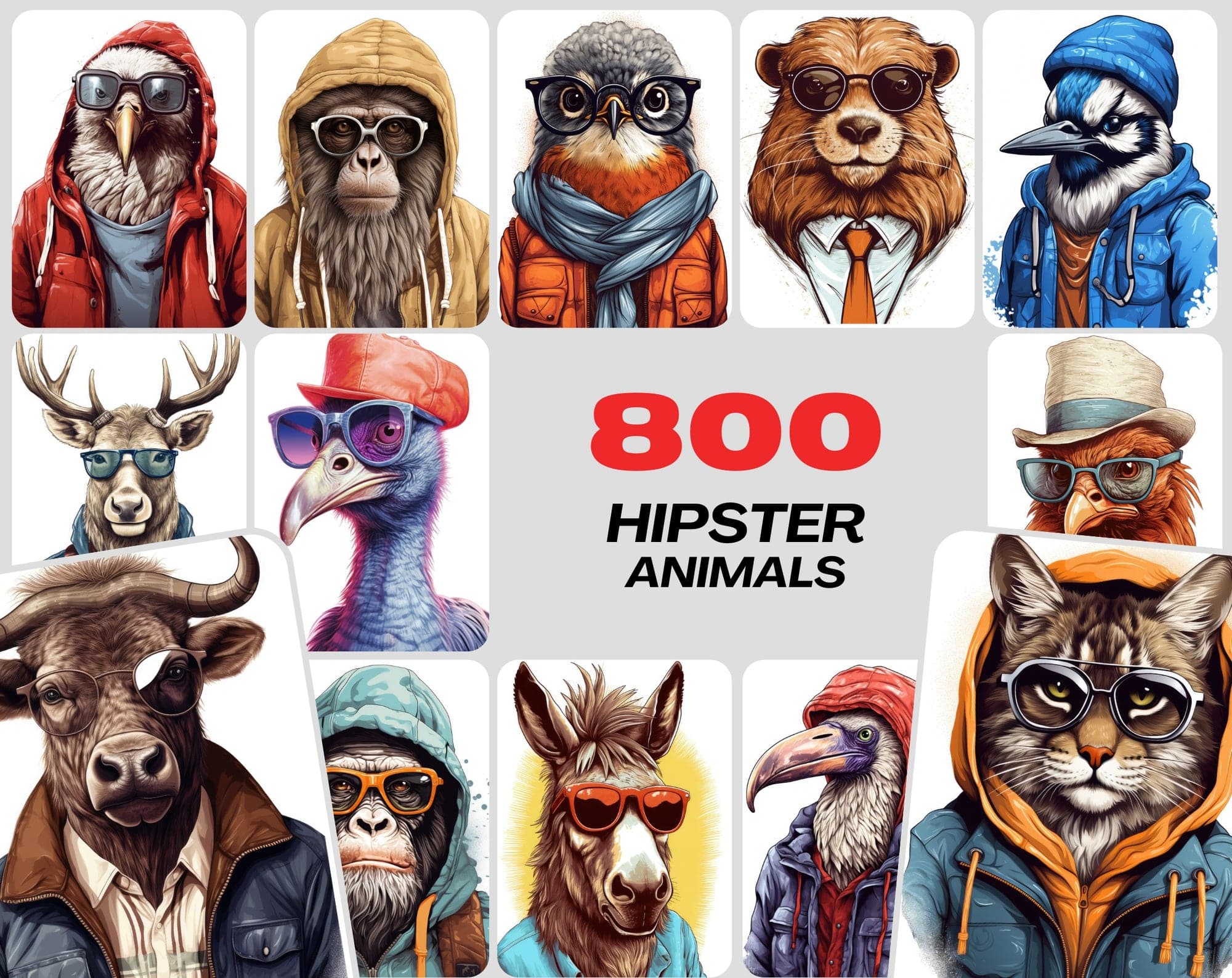 800 Hipster Animal Illustrations: Commercial License, High-Res PNG Files, Stylish Wildlife Portraits Digital Download Sumobundle