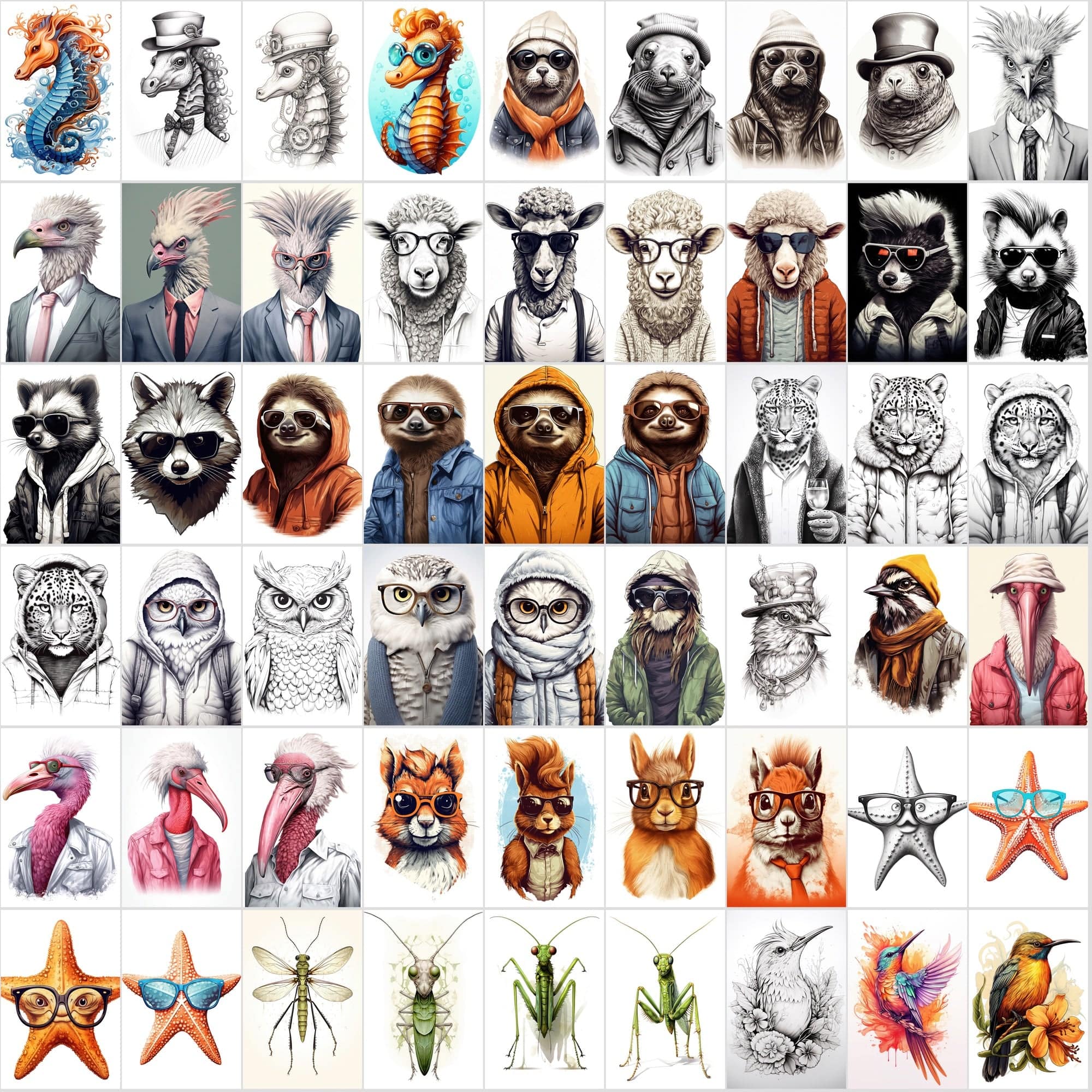 800 Hipster Animal Illustrations: Commercial License, High-Res PNG Files, Stylish Wildlife Portraits Digital Download Sumobundle