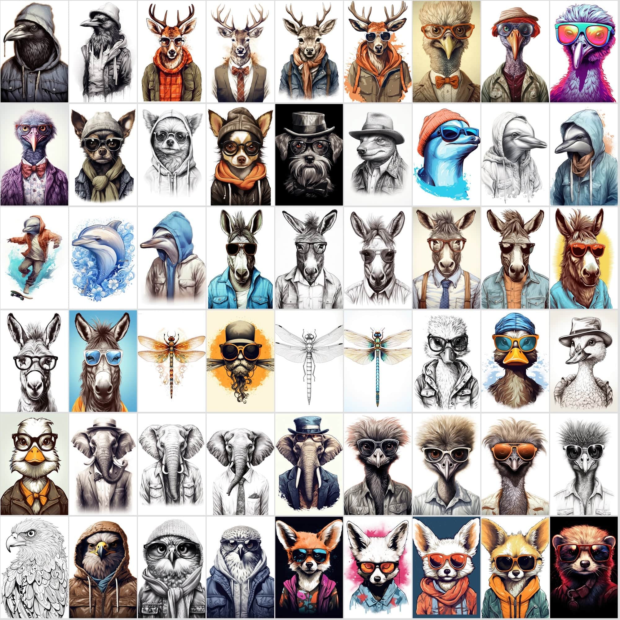 800 Hipster Animal Illustrations: Commercial License, High-Res PNG Files, Stylish Wildlife Portraits Digital Download Sumobundle