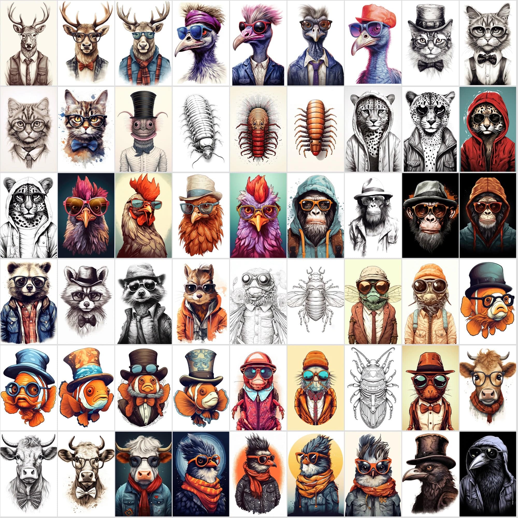 800 Hipster Animal Illustrations: Commercial License, High-Res PNG Files, Stylish Wildlife Portraits Digital Download Sumobundle