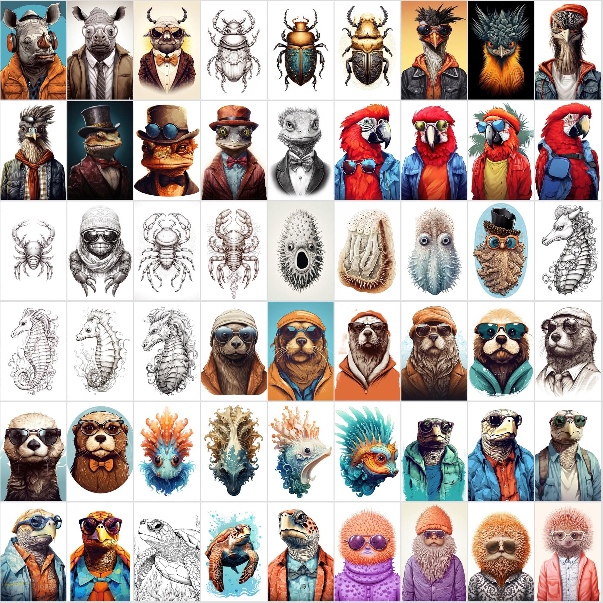800 Hipster Animal Illustrations: Commercial License, High-Res PNG Files, Stylish Wildlife Portraits Digital Download Sumobundle