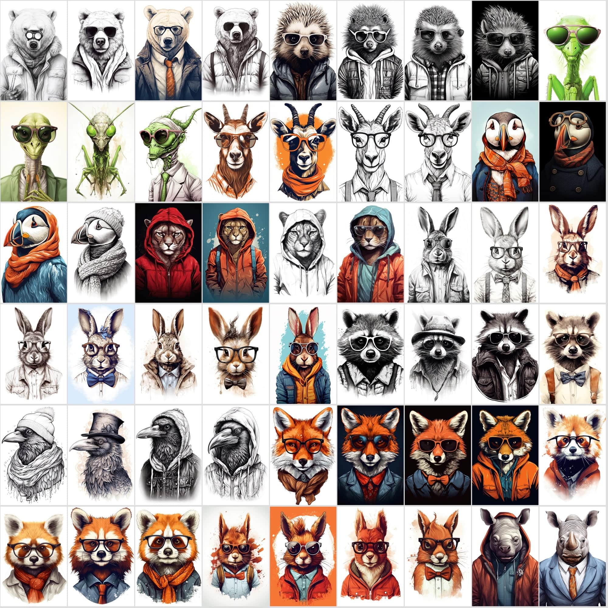 800 Hipster Animal Illustrations: Commercial License, High-Res PNG Files, Stylish Wildlife Portraits Digital Download Sumobundle