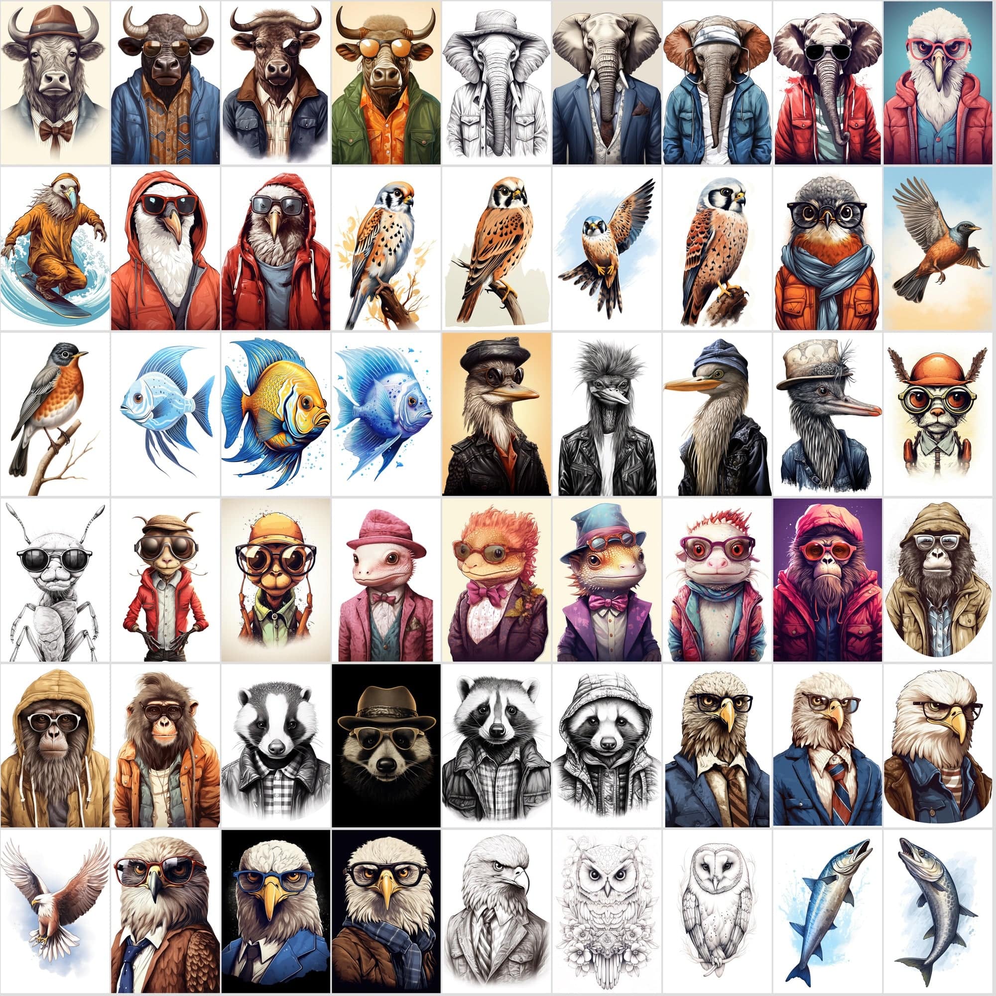 800 Hipster Animal Illustrations: Commercial License, High-Res PNG Files, Stylish Wildlife Portraits Digital Download Sumobundle