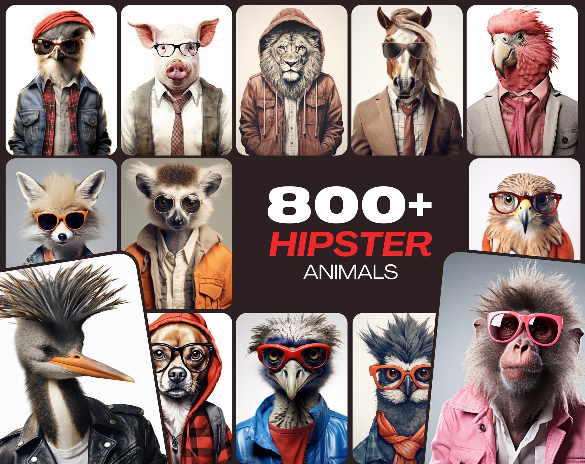800 Unique Hipster Animal Artworks Digital Download Sumobundle