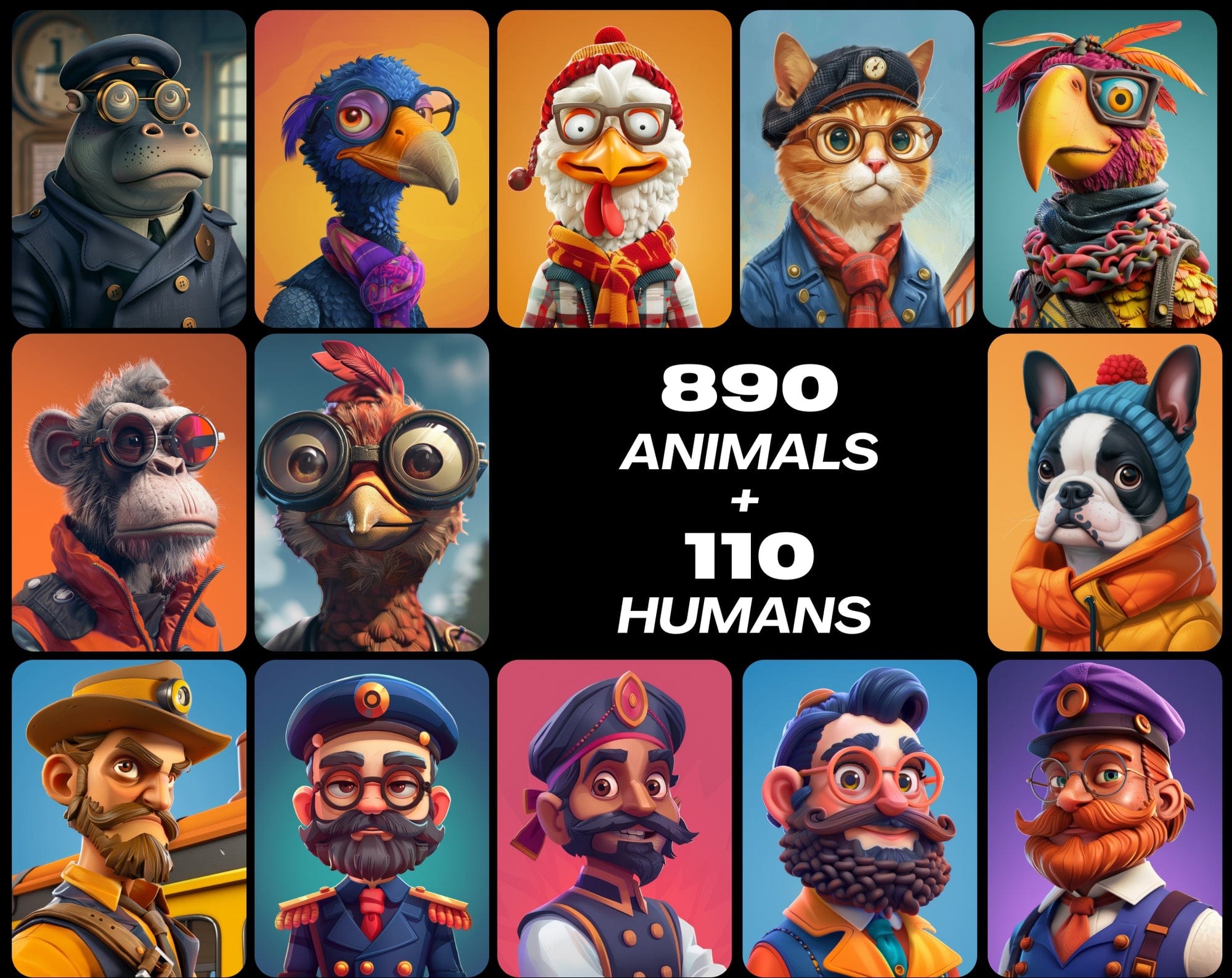 890 Colorful Cartoon Animals and 110 People Images Digital Download Sumobundle