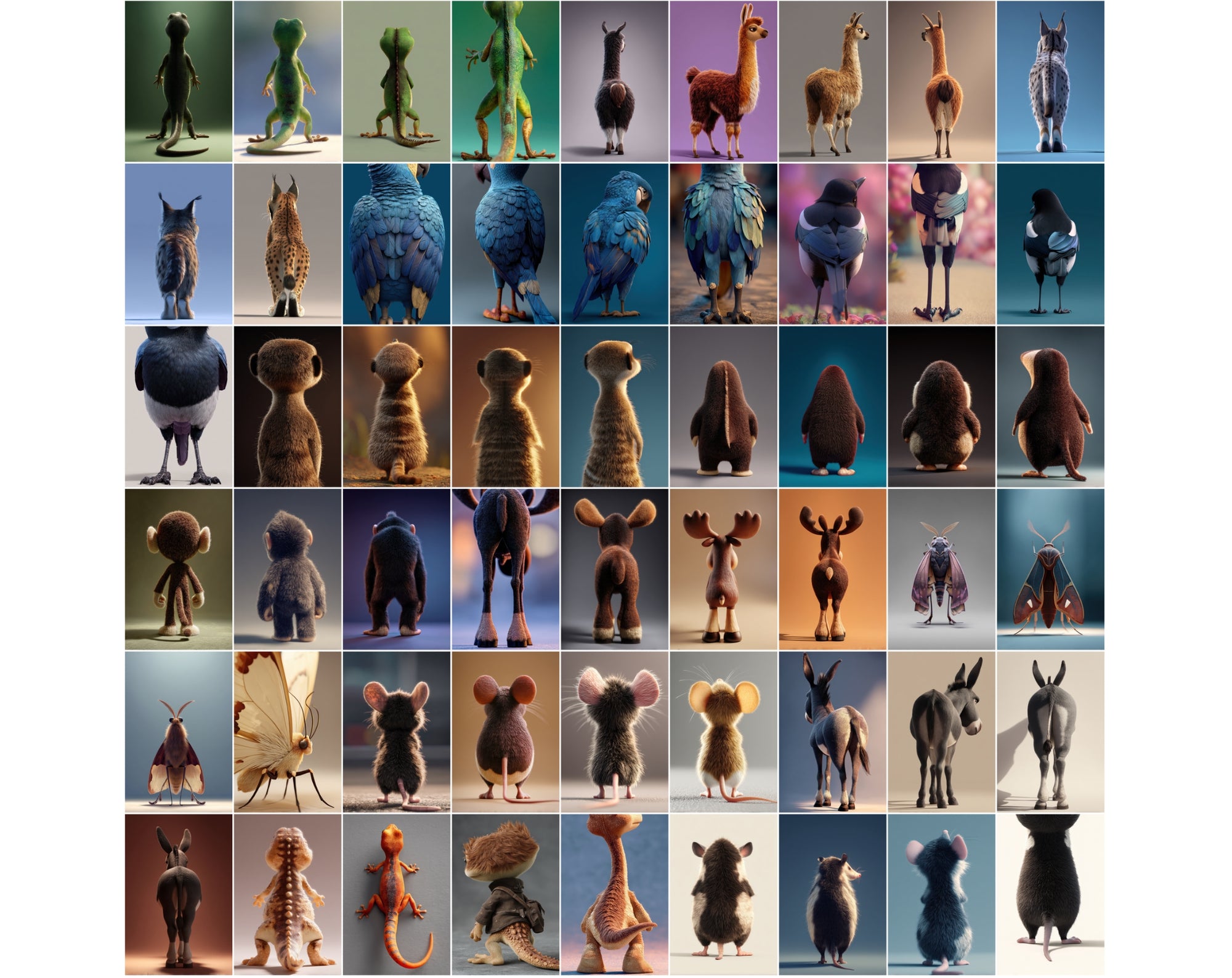 1080 Funny Animal Backs – Unique Rear View Animal Illustrations JPG Bundle