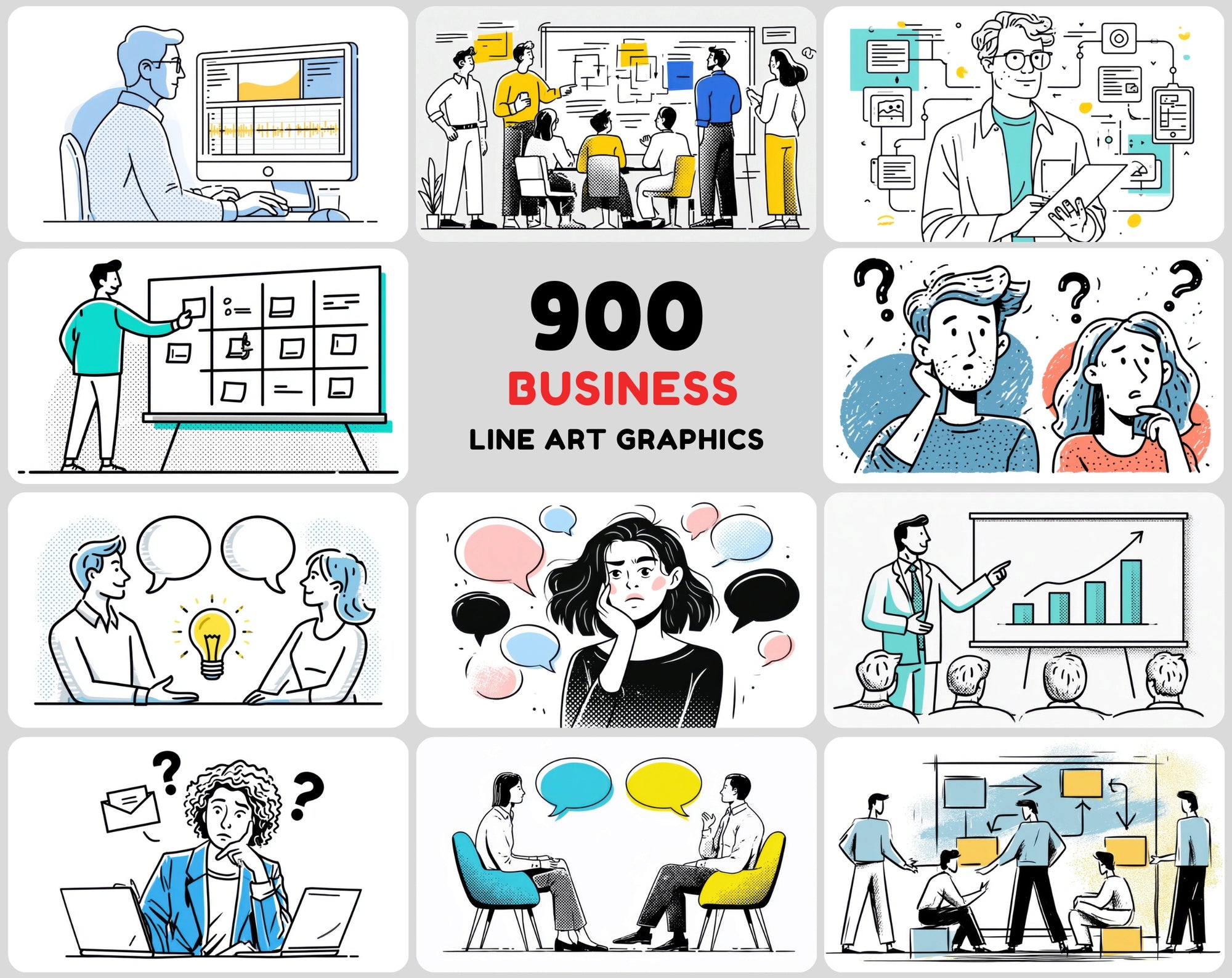 900 Business Line Art Illustrations – Chat, Office & Workflow Graphics Bundle