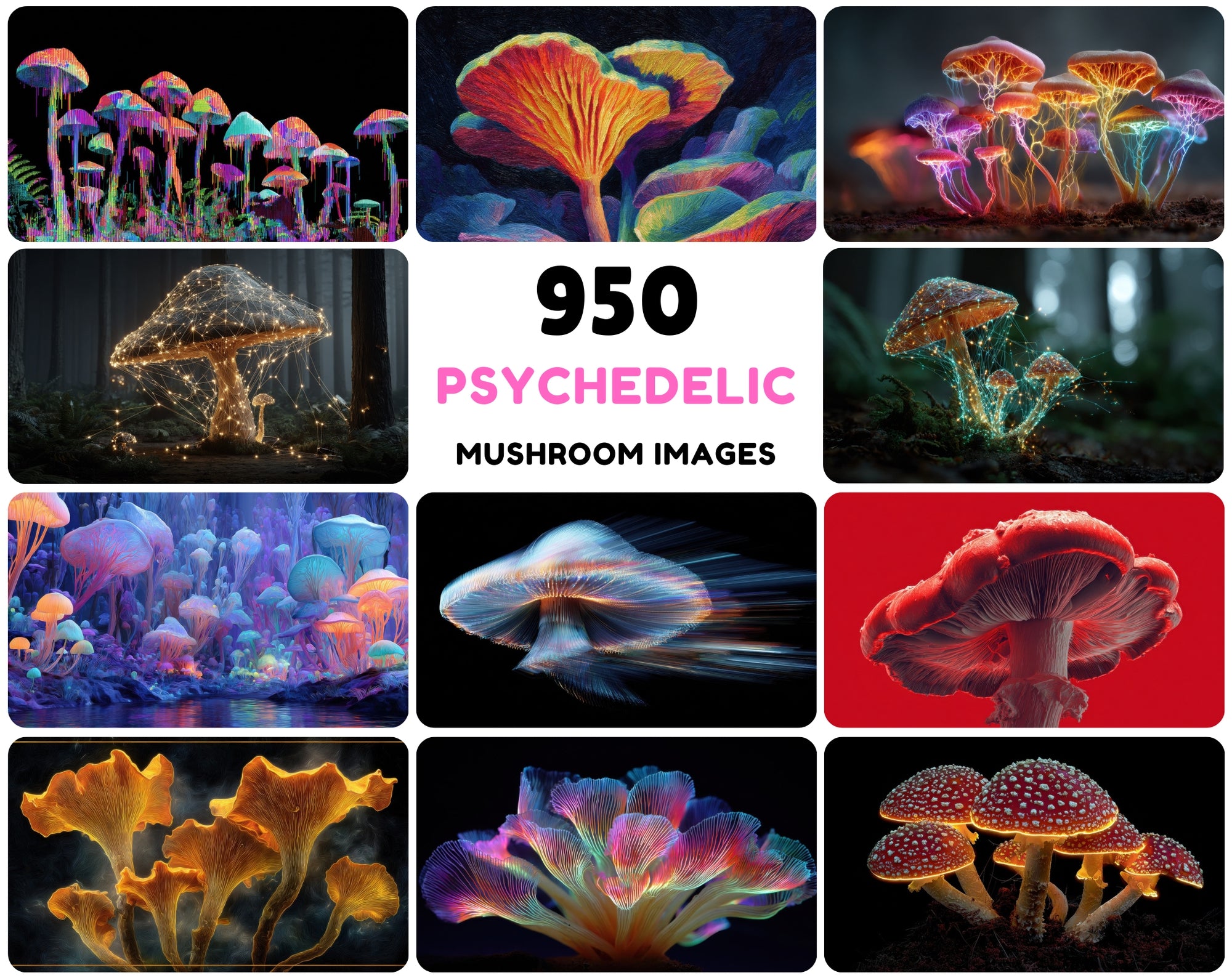 950 Psychedelic Mushroom Images Bundle – Bioluminescent Neon Art Pack