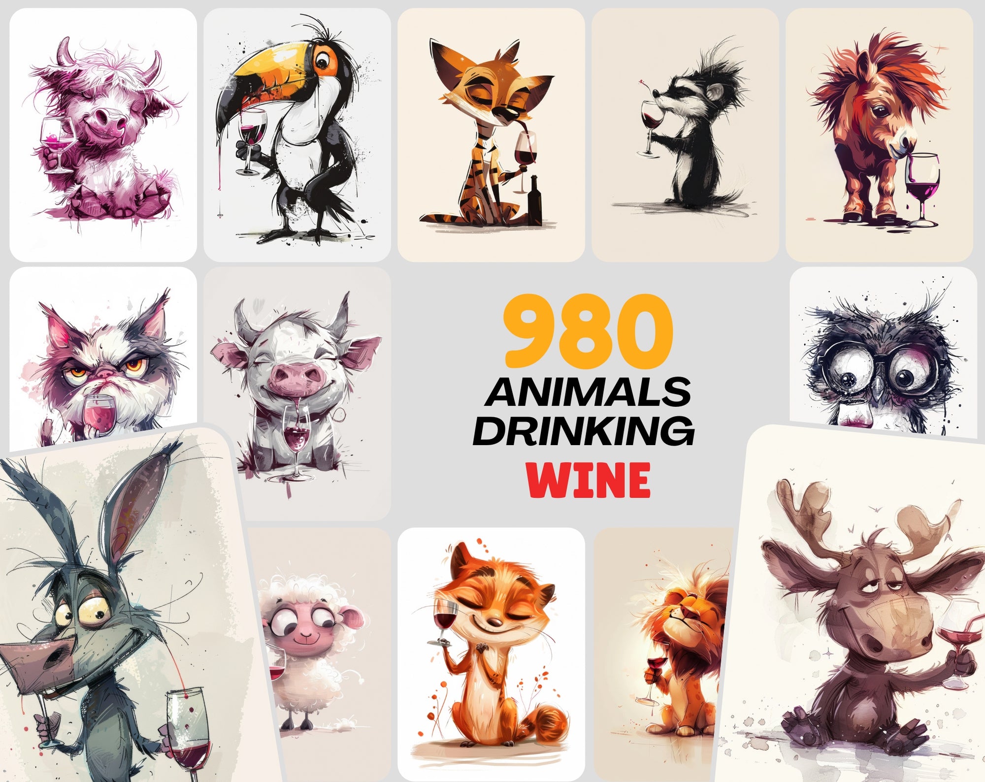 980 Unique Animal Wine Art Images | Commercial Use | Perfect for Postcards & Party Decor