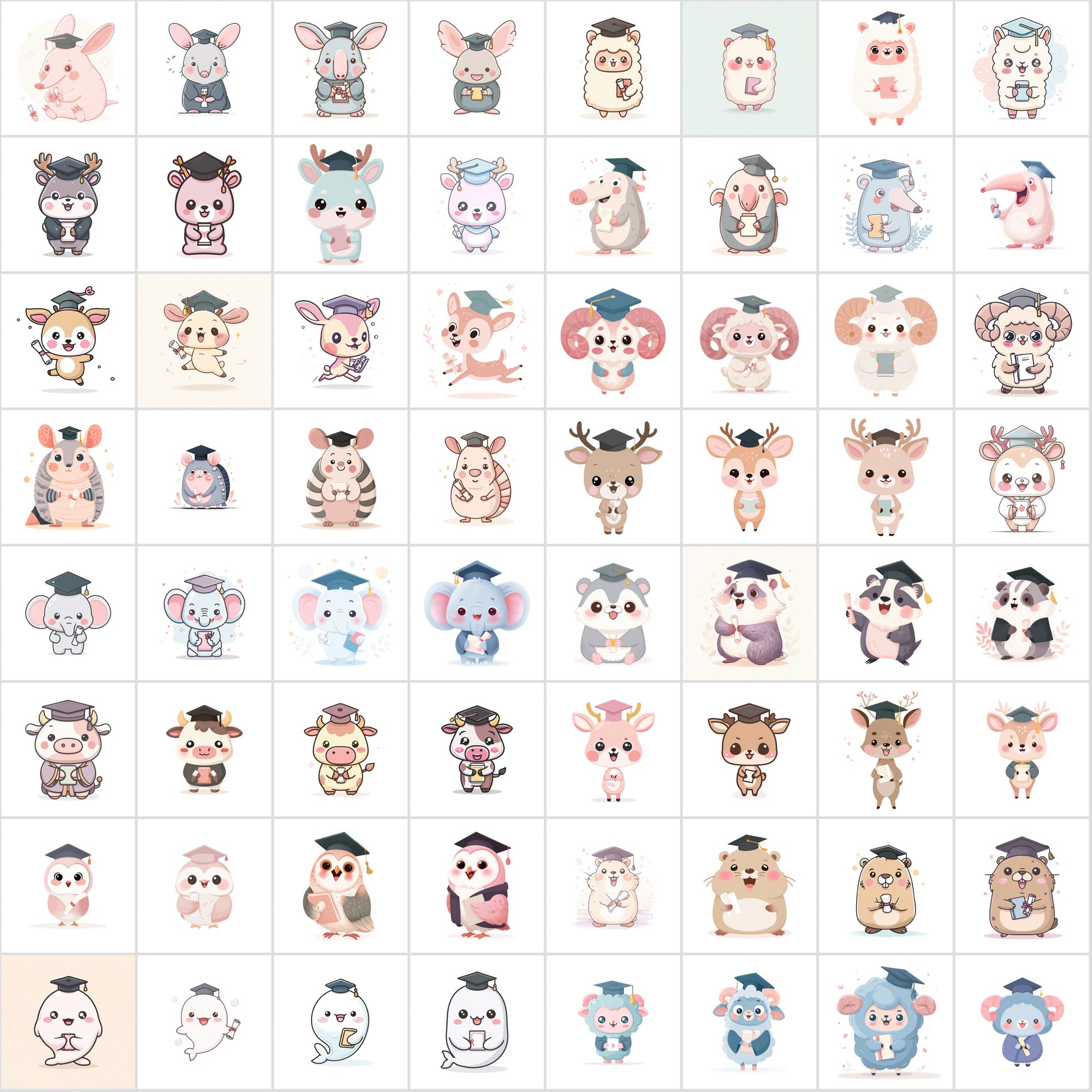 610 Kawaii Graduation Animal Clipart – High-Res JPGs | Commercial Use