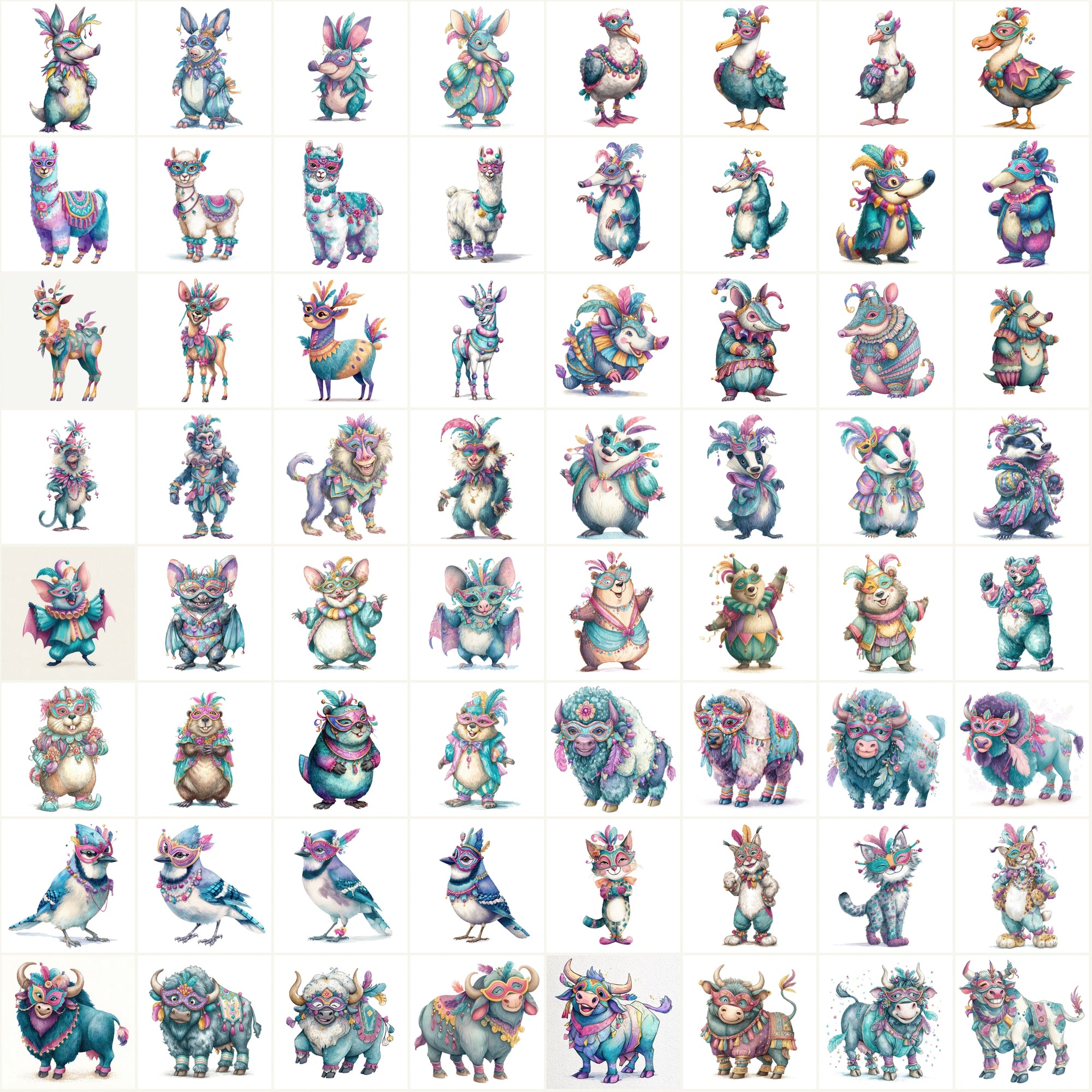 589 Festive Masquerade Animal Clipart – High-Res Watercolor JPGs with Commercial License