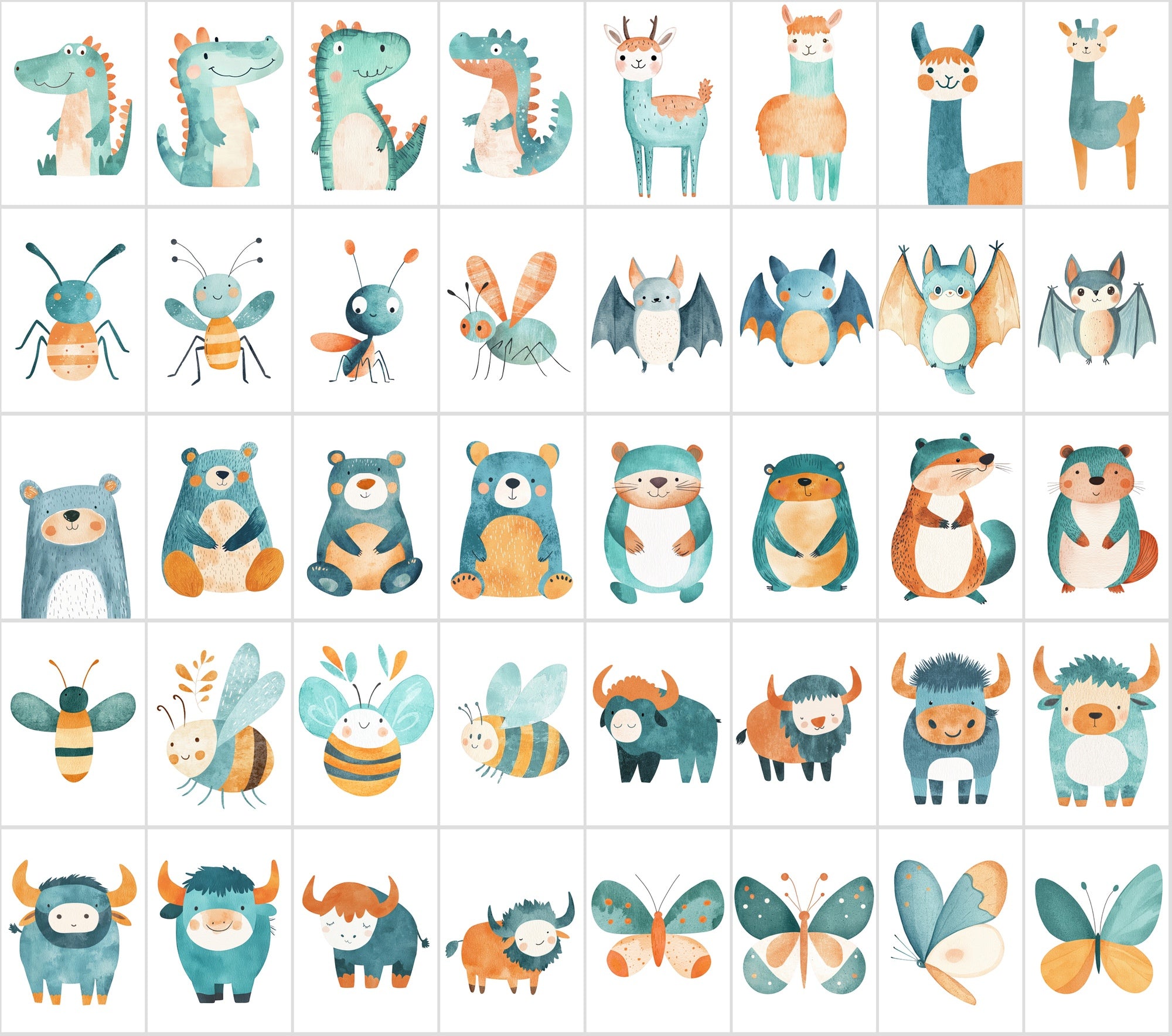 400 Teal & Orange Minimalist Animal Illustrations | Commercial License