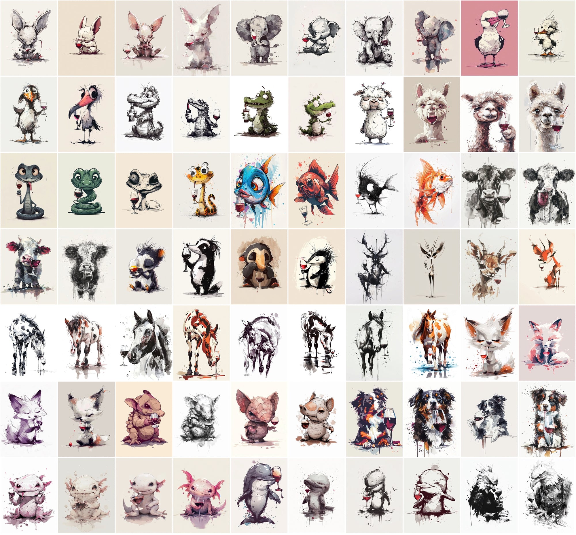 980 Unique Animal Wine Art Images | Commercial Use | Perfect for Postcards & Party Decor