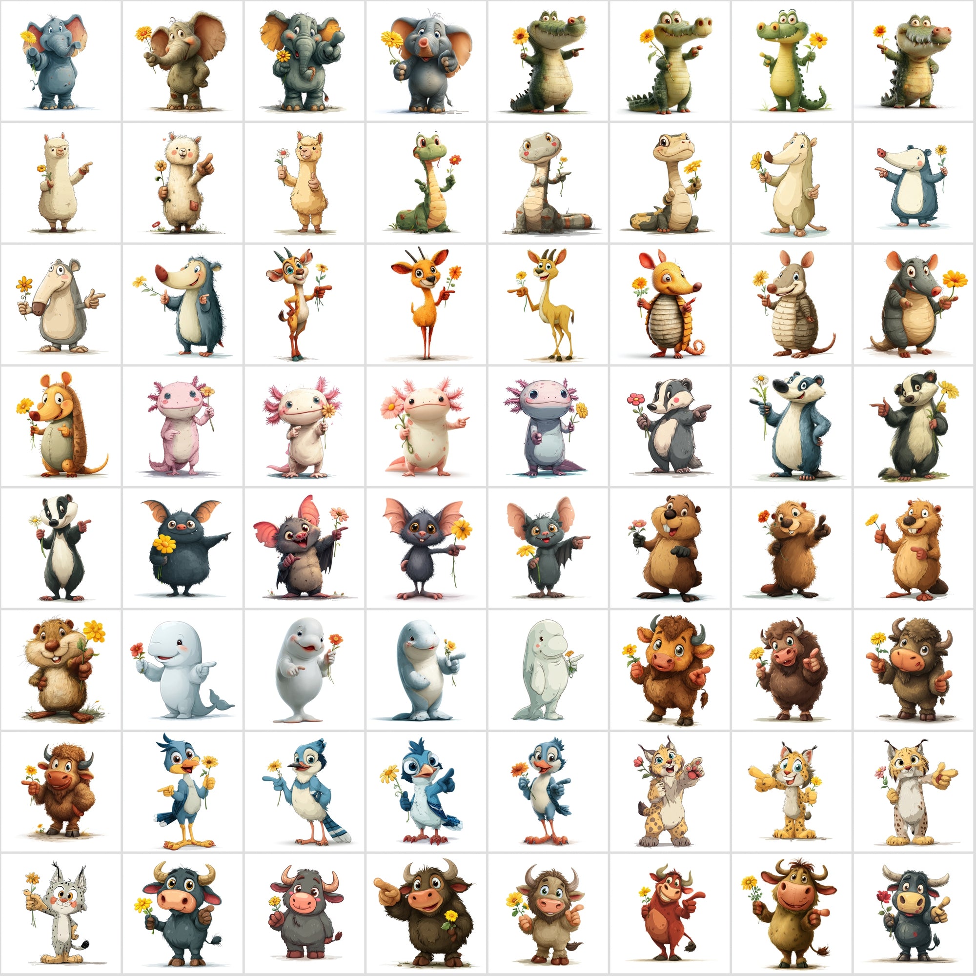 590 Cute Animals Holding Flowers | Cartoon Animal Clipart
