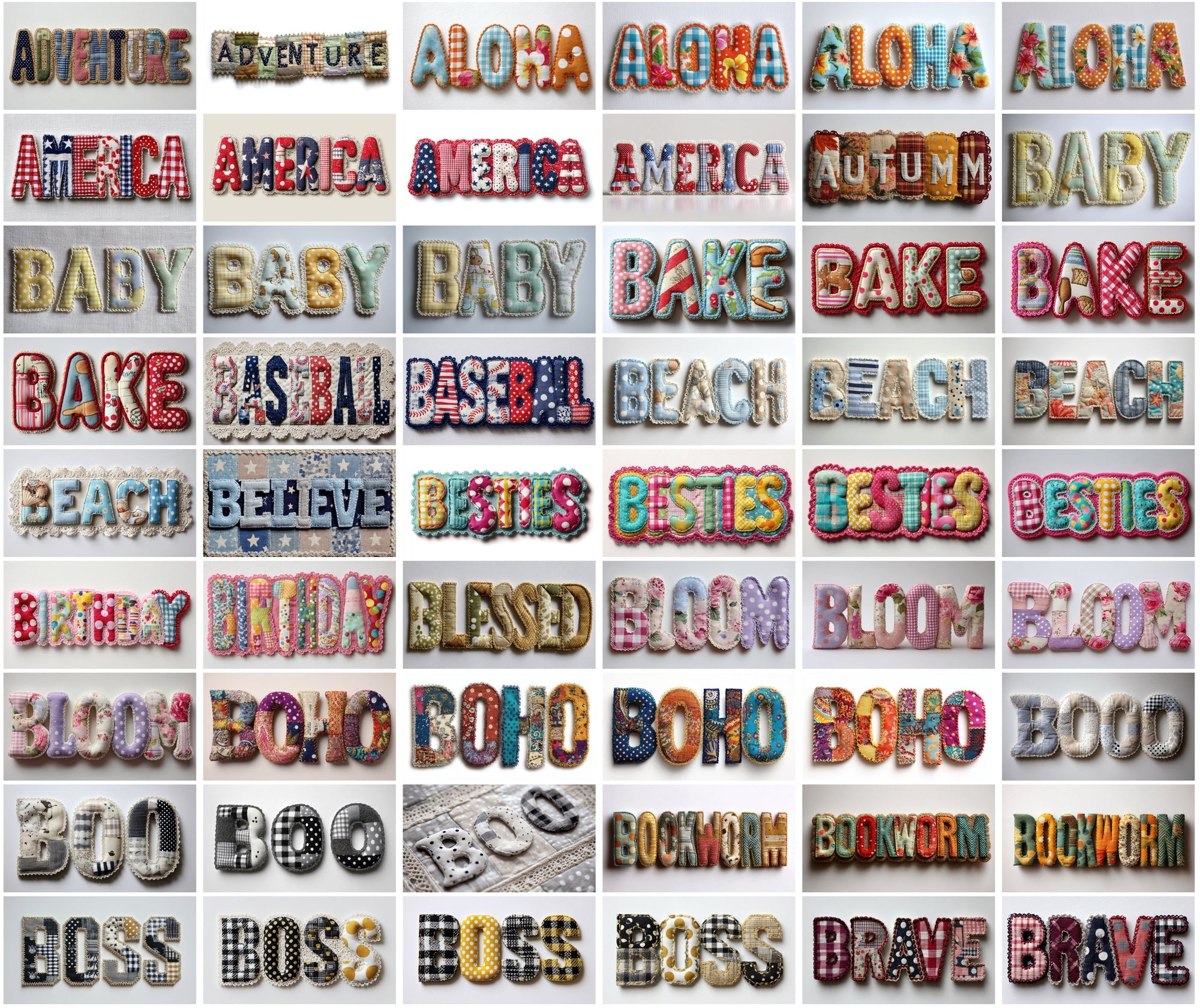 420 Fabric Patchwork Word Art Images | Retro Bubble Font Quilt Applique