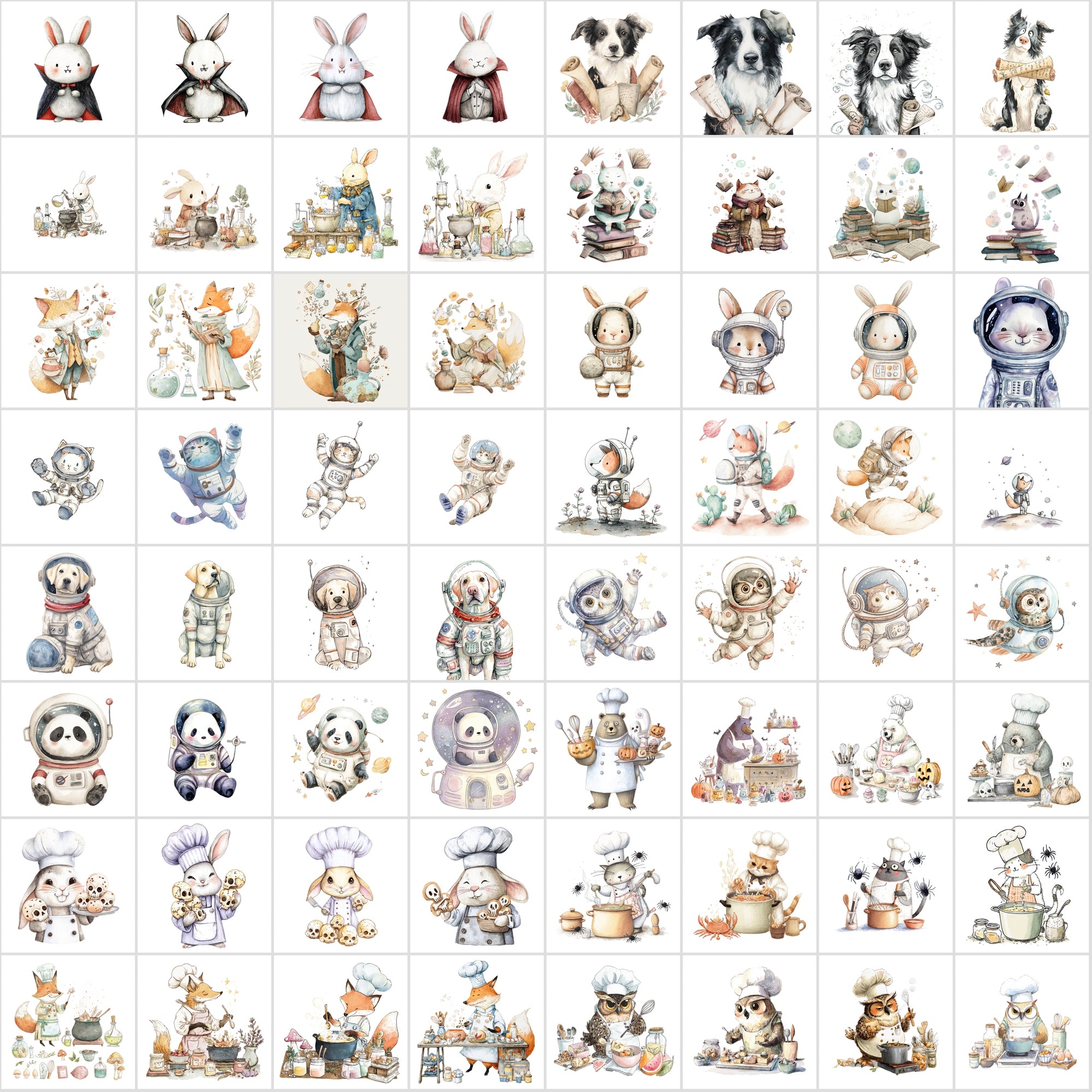 600 Cute Halloween Animal Clipart, Whimsical Spooky Critters Bundle, Watercolor Graphics, Commercial Use JPG, Digital Download