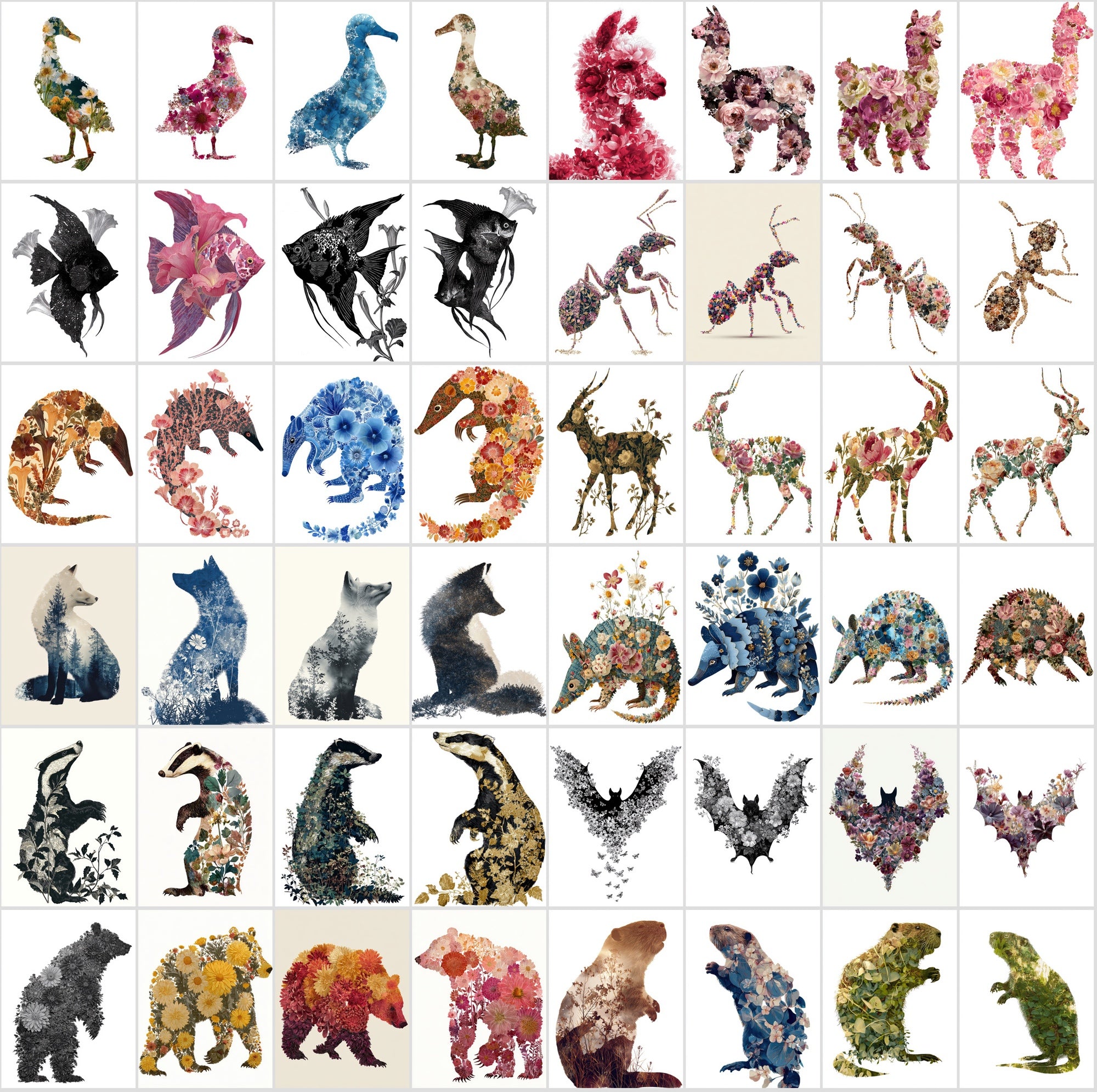 610 Floral Animal Silhouette Images – Vintage Flower Art, Commercial License