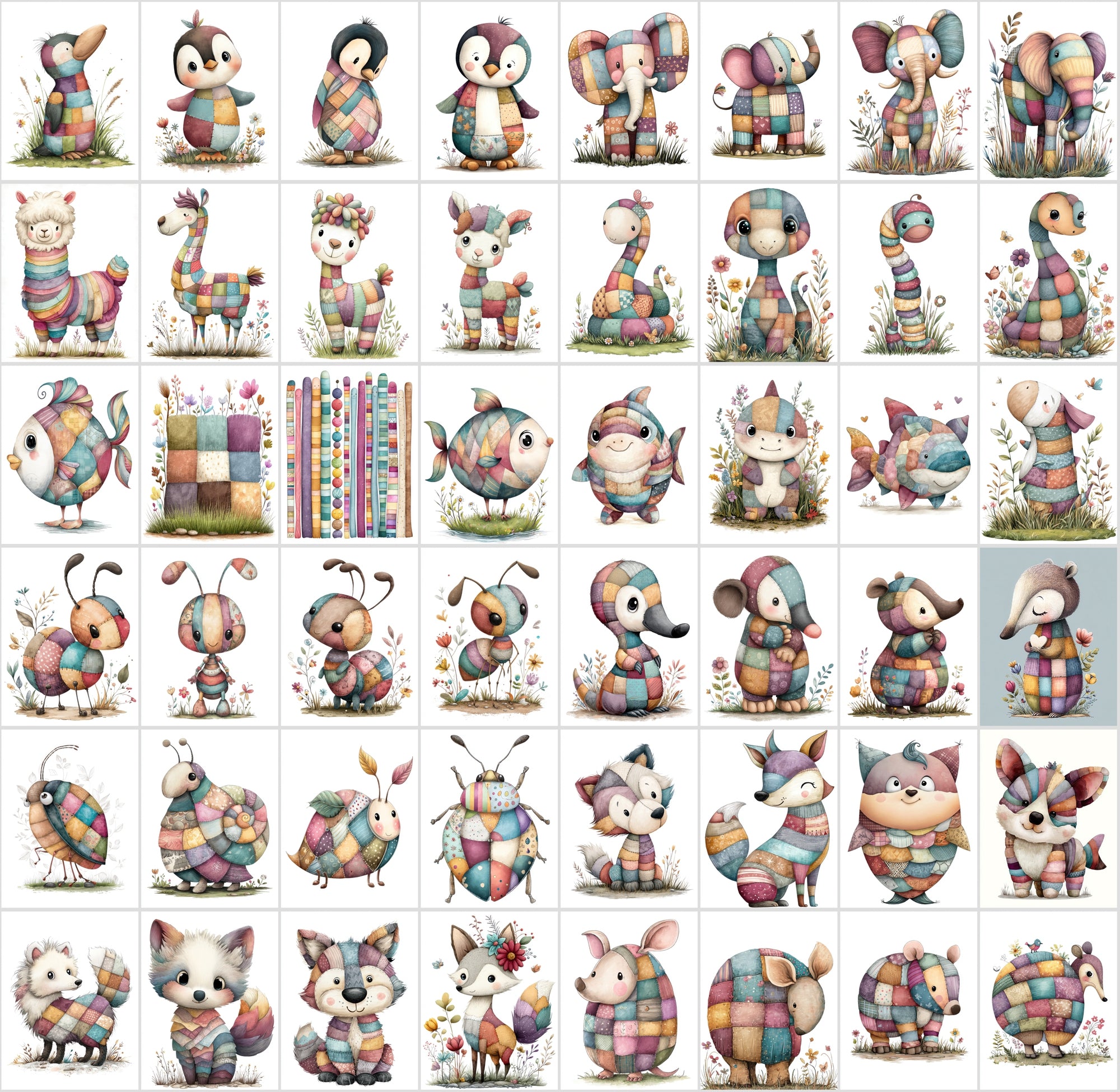 1090 Patchwork Animal Clipart Bundle – Cute Kids Book Style Animals